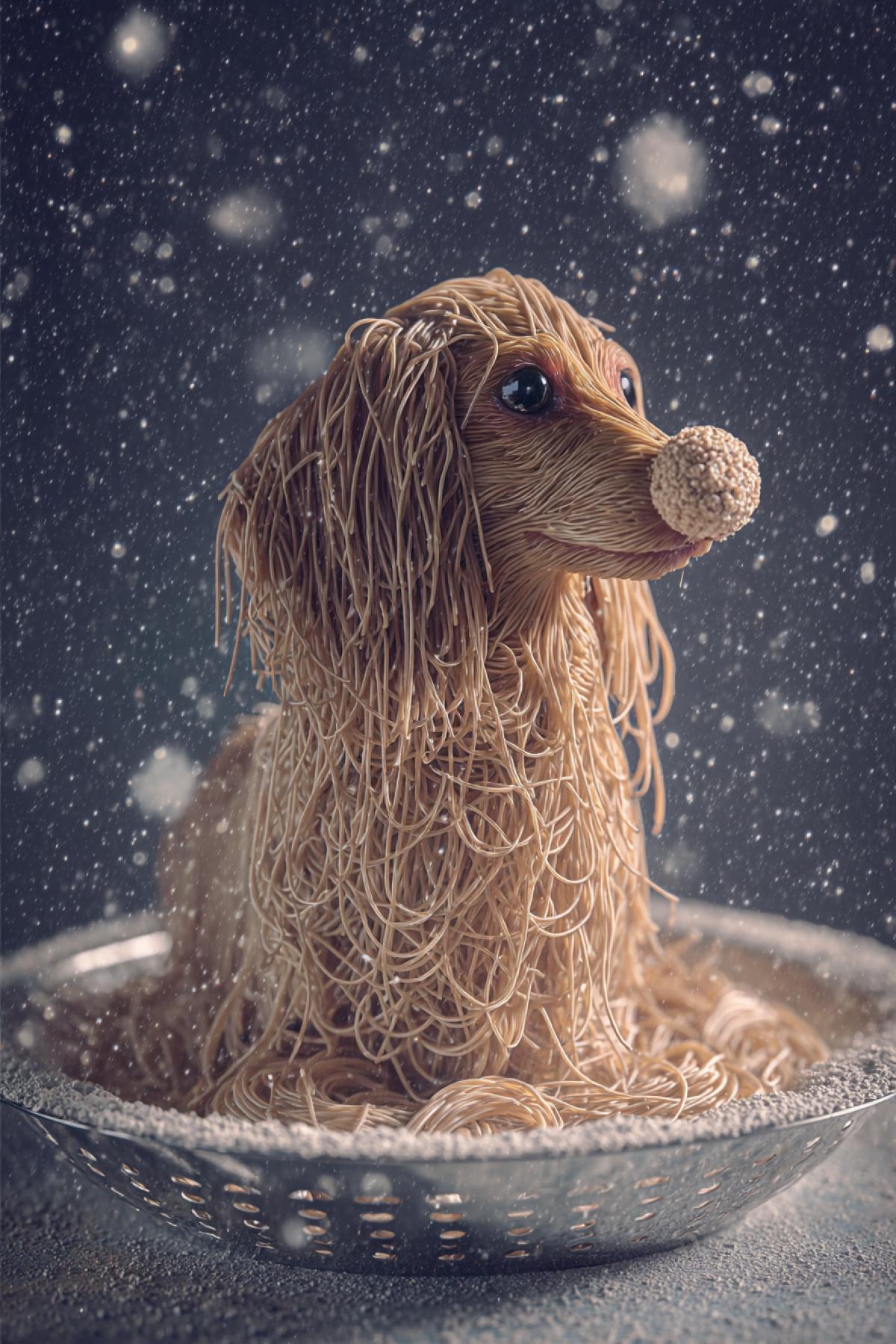 A dachshund made of raw spaghetti, its fur is tangled linguine, meatball nose. Sitting in a colander dog bed with parmesan snow falling. Hyper-realistic 8K food-art, unholy Italian meme vibe