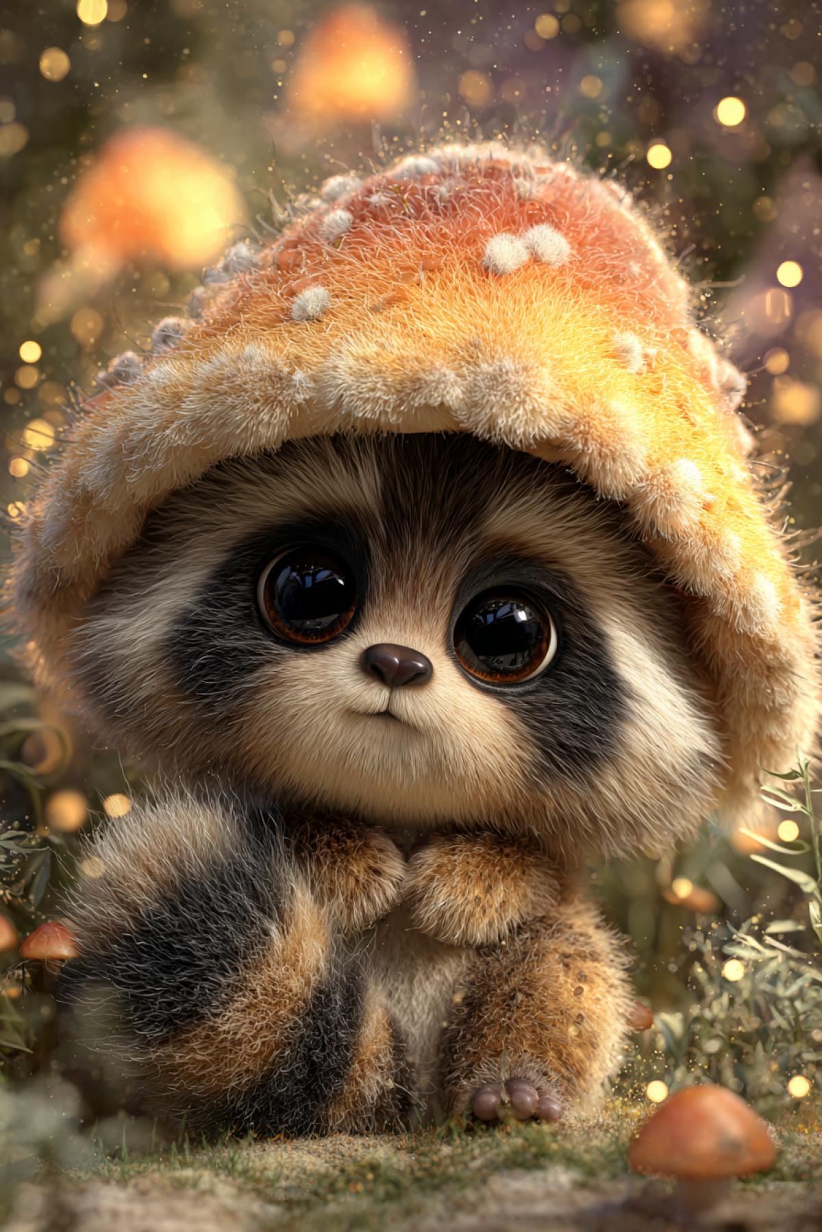 A cute and whimsical hybrid creature called Gribotto-enotto, a mix between a raccoon and a mushroom. The creature has the adorable face of a raccoon with round, sparkling eyes, a little dark nose, and fluffy cheeks. Its is shaped like a plump mushroom cap, with soft fur in earthy tones (browns, creams, and soft oranges). The mushroom cap has subtle raccoon-like stripes and a fuzzy texture. Tiny paws peek out from under the cap, and a fluffy raccoon tail curls around the base. The background is a magical forest with glowing fireflies and soft bokeh lights. The style is a mix of kawaii and fantasy illustration, highly detailed, soft shading, and a dreamy atmosphere. Rendered in 4K, ultra-detailed, and vibrant colors.