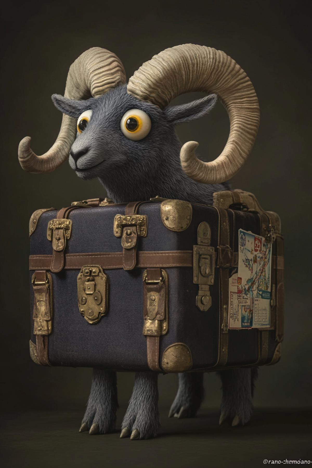\"Bаrano-chemodano\" A hybrid creature: half mountain ram, half vintage suitcase. The rams head, horns, and front legs emerge from an old leather suitcase with brass buckles, worn edges, and travel stickers. The wool blends seamlessly into the suitcases texture, as if grown from it. Surreal, steampunk style, hyper-detailed, cinematic lighting, 8k.