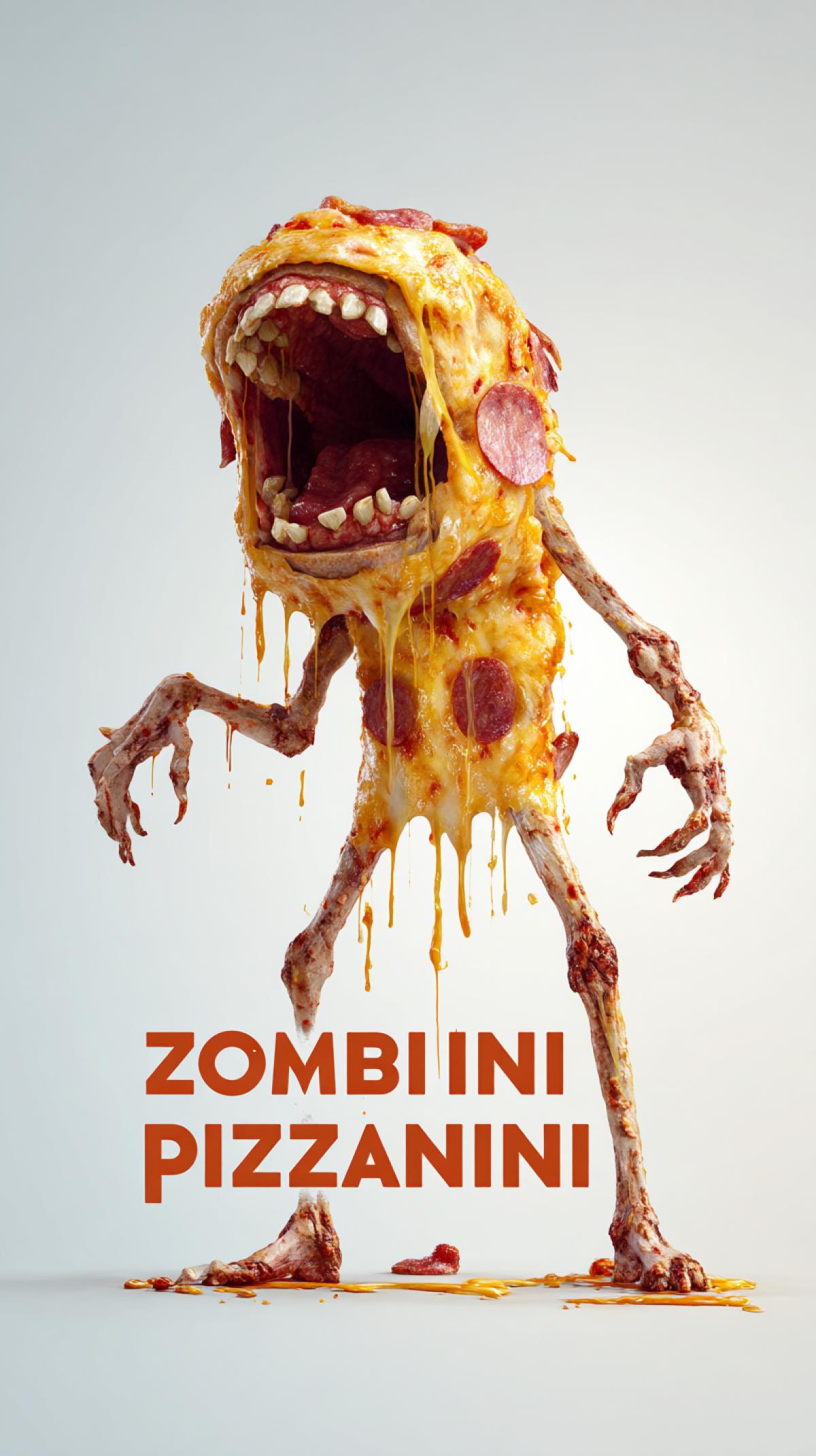 absurd, full-length zombie in the shape of a pizza, pizza zombie with arms and legs, open mouth, screaming, melting cheese dripping from it, pieces of sausage, photoshop, and the text \" zombinni pizzaninni \" in large letters