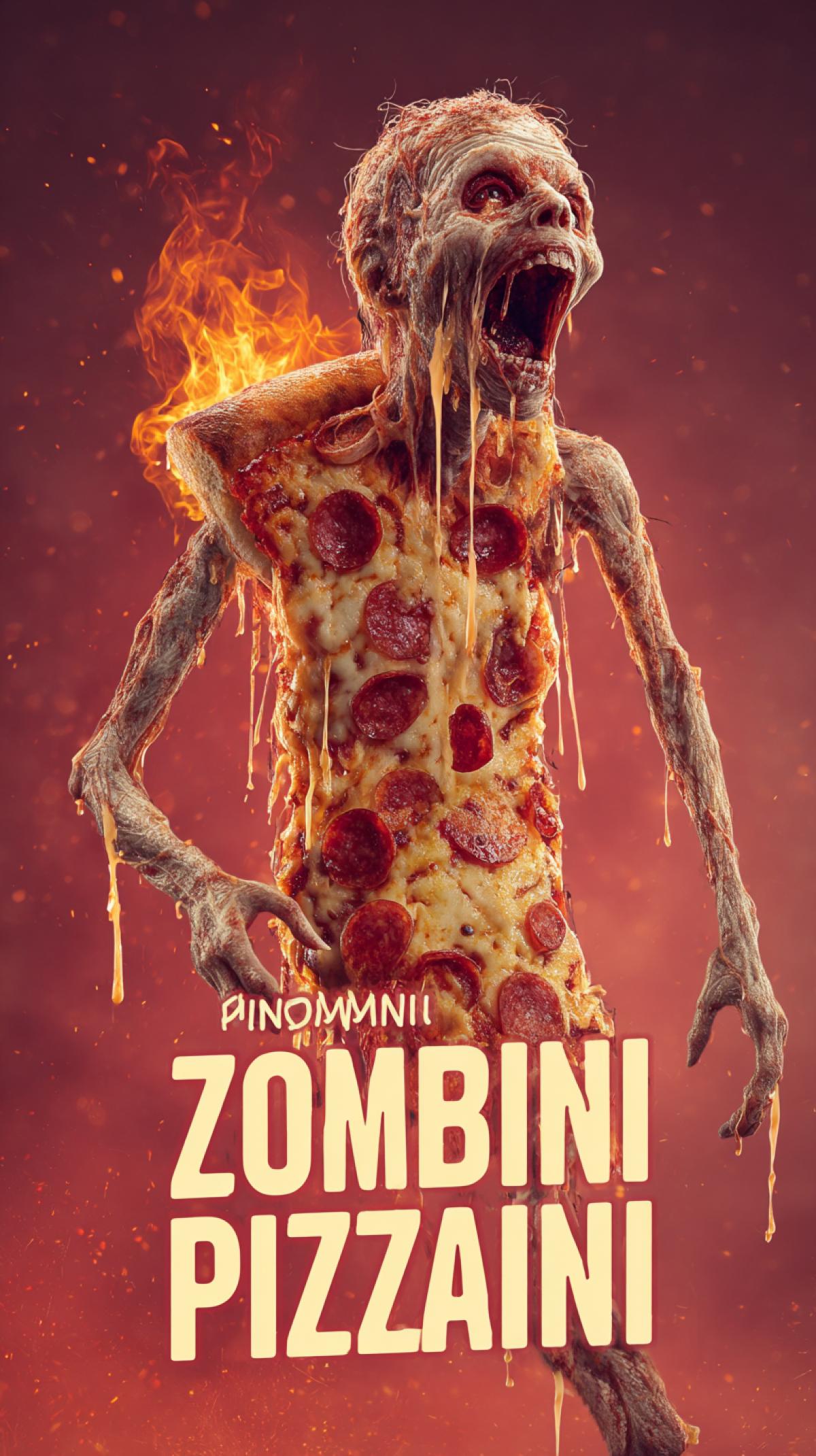 absurd, full-length zombie in the shape of a pizza, pizza zombie with arms and legs, open mouth, screaming, melting cheese dripping from it, pieces of sausage, photoshop, and the text \" zombinni pizzaninni \" in large letters