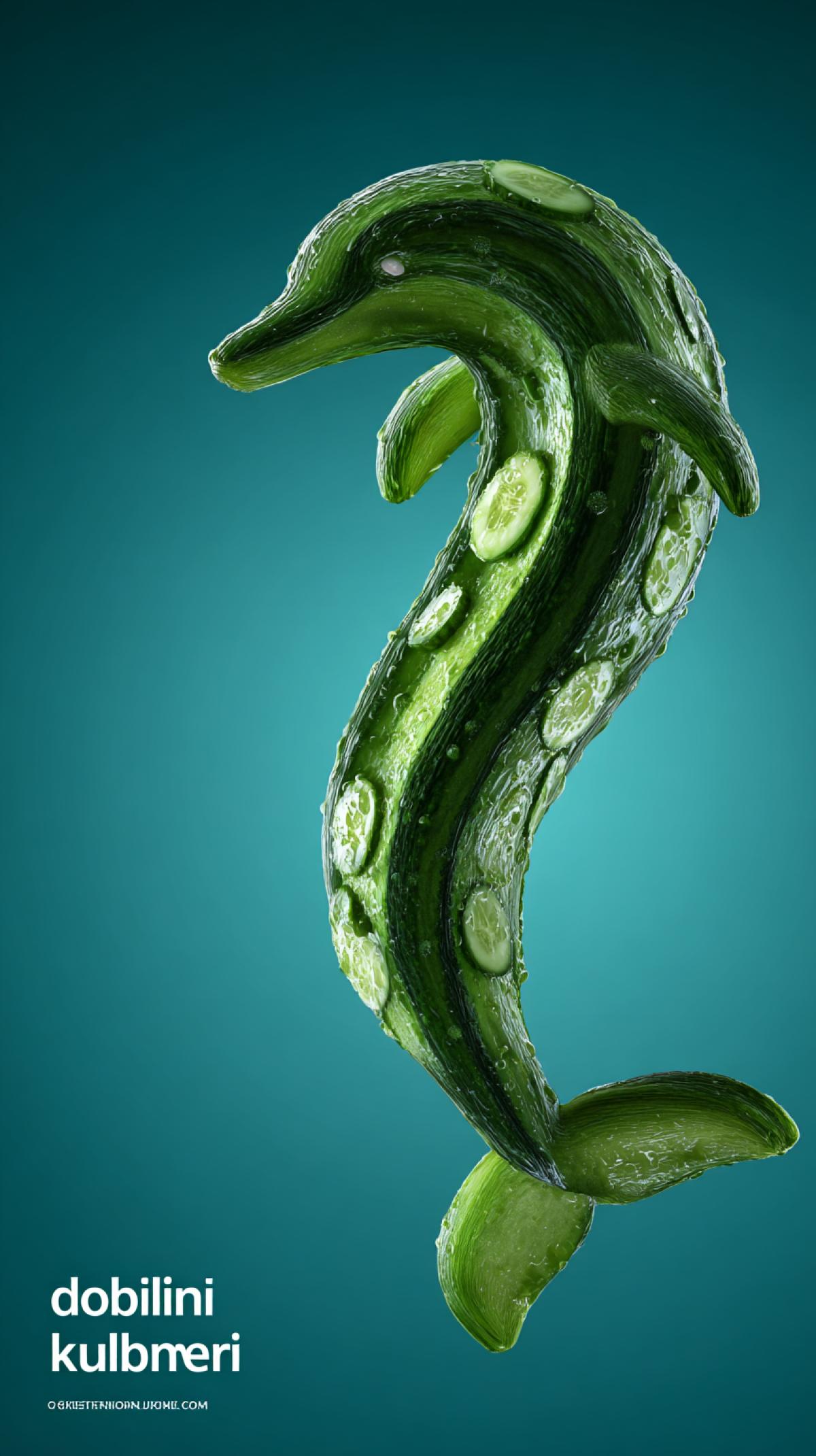 absurd, full-length mix of cucumber and dolphin, dolphin in the shape of a cucumber, photoshop, there is a text in large letters \" dolfini kukumberini \"