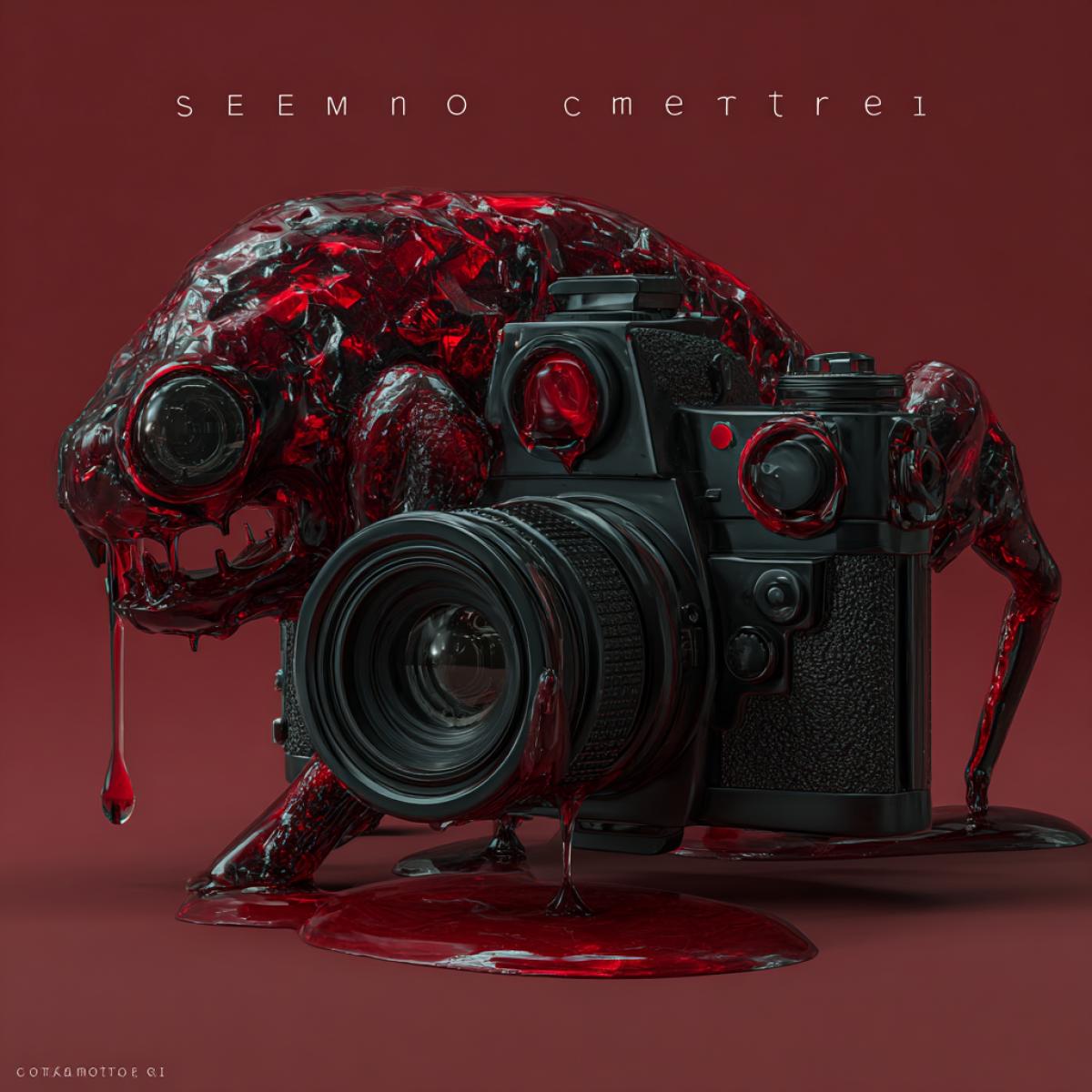To generate an animal’s hybrid and a camera object. The unique \"creature Brainrot\".  The inscription in Italian- we are the same red liquid