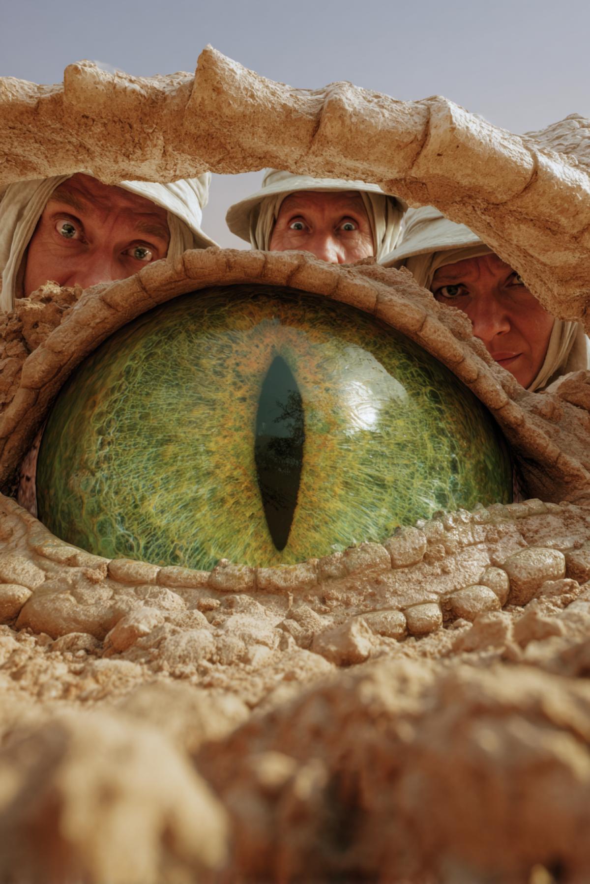 Three scared Archeologists having shocked faces in desert digging out big alive green shiny glossy eye of ancient reptile full colour breathtaking detailed photo high sharpness of details