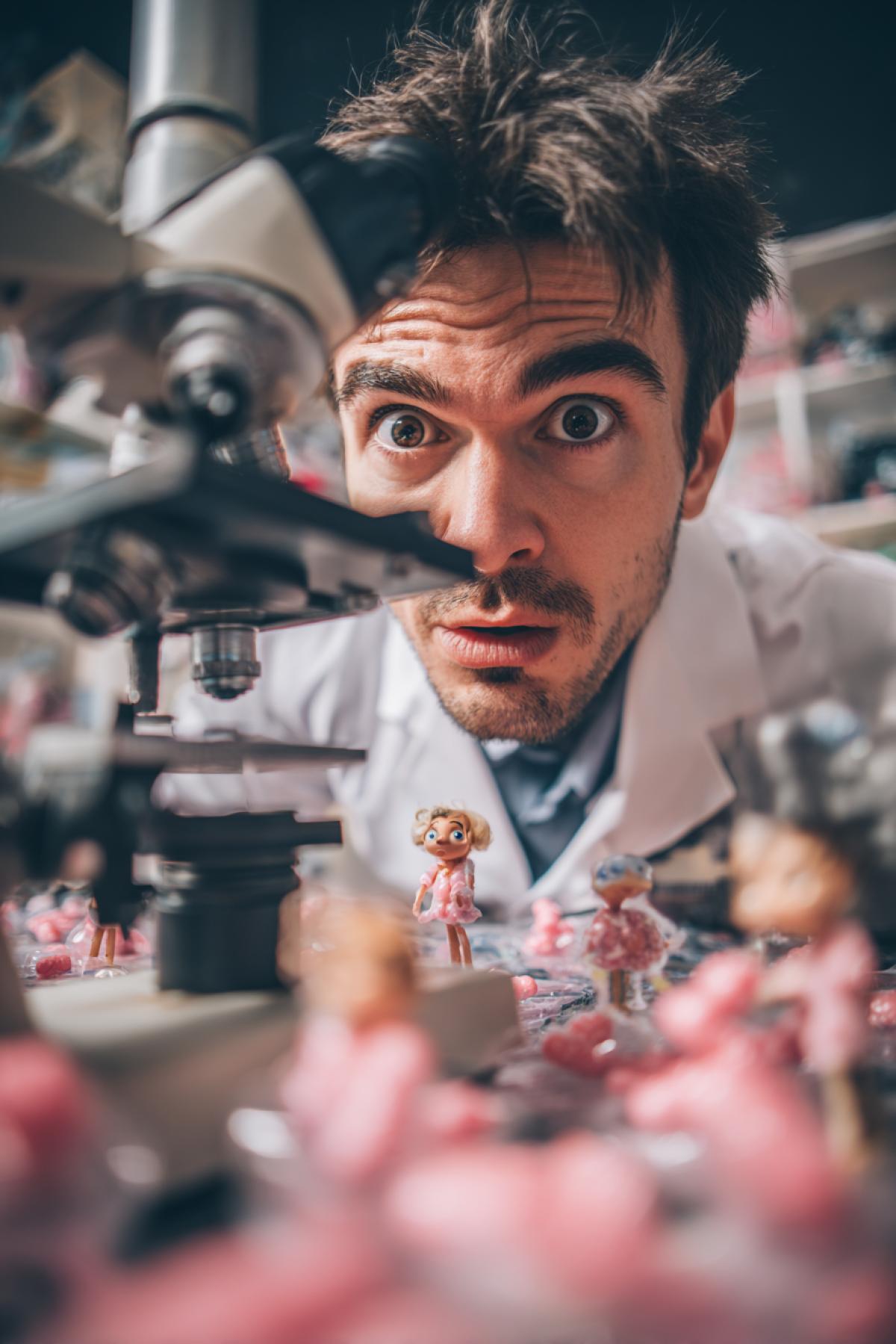 Young handsome scientists in laboratory absolutely scared with the view in his microscope he sees amoebae microscopic girls dancing ironic photo high quality lots of details