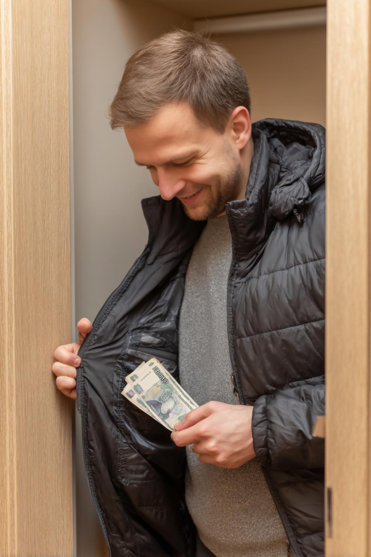 A happy man takes out one hundred rubles from the pocket of his winter jacket hanging in the closet.