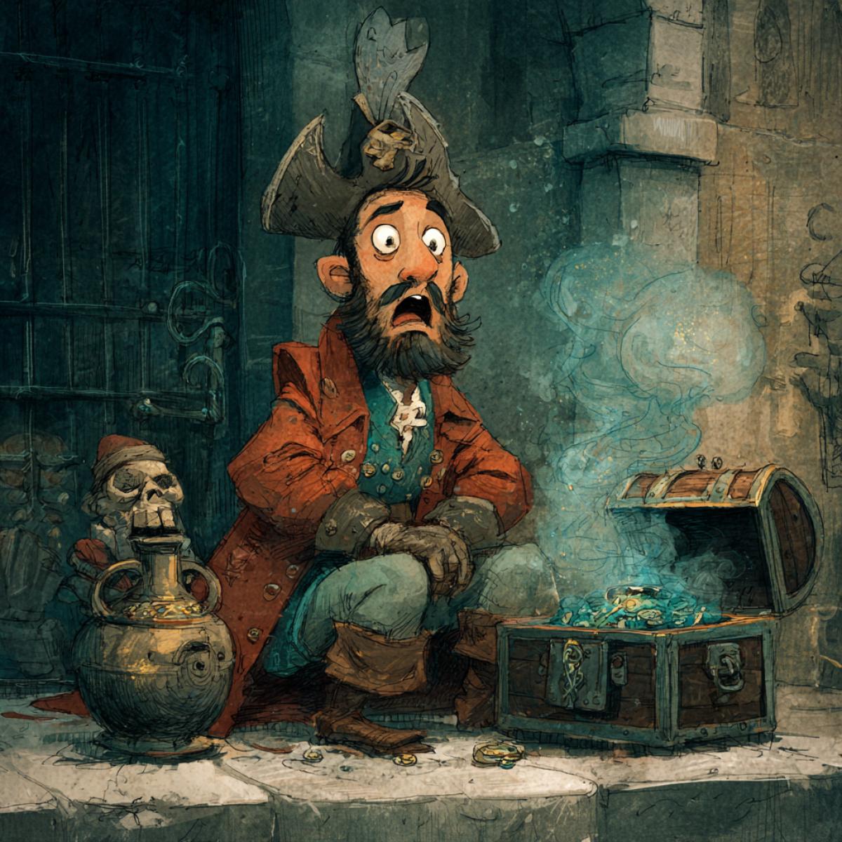 A surprised pirate next to an open detailed with a miracle and mysterious