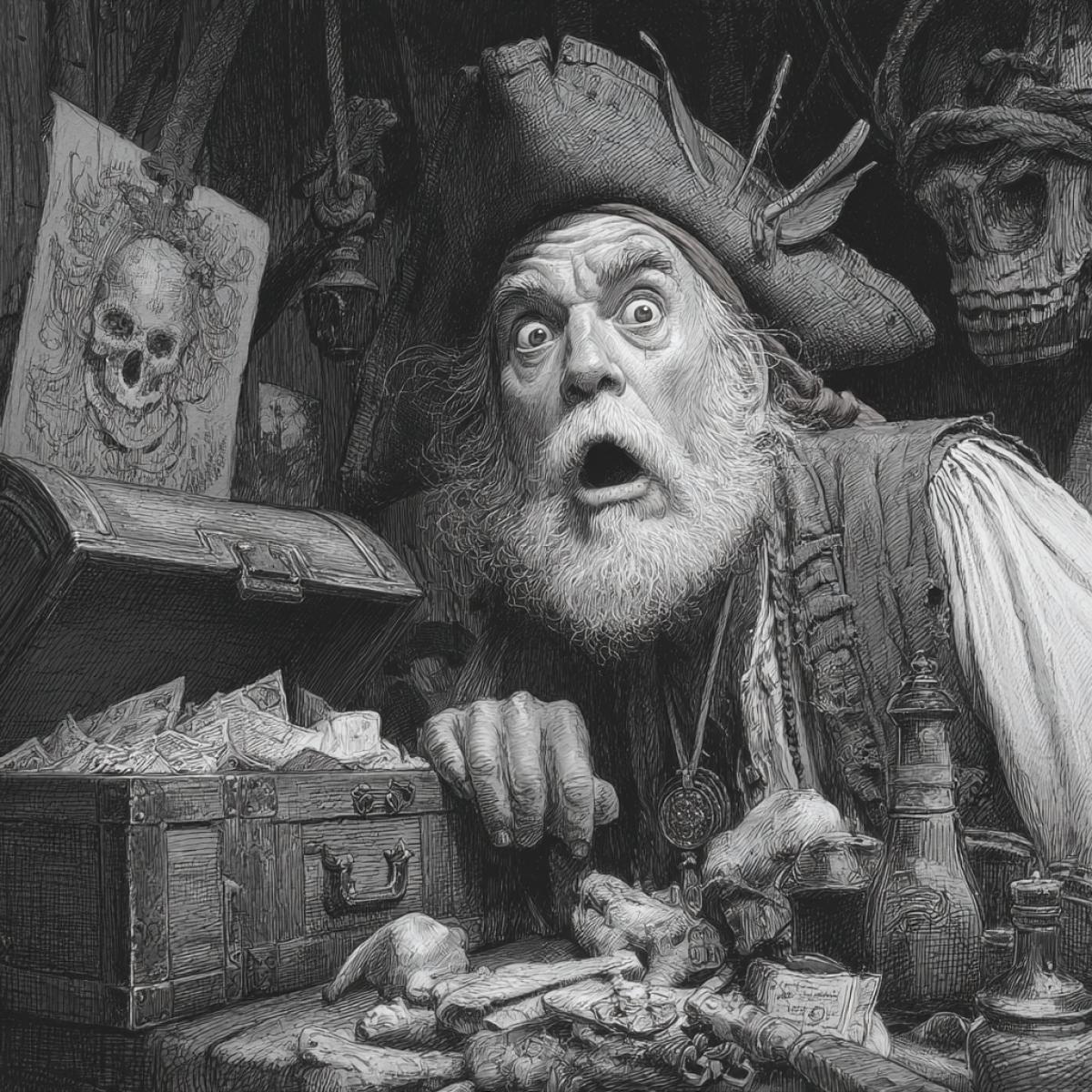 A surprised pirate next to an open detailed with a miracle and mysterious