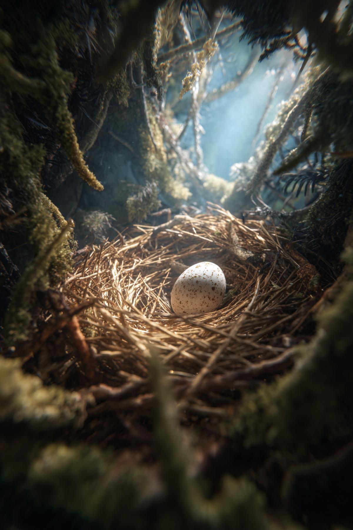 Birds nest in the forest. A cuckoo lays its egg in another birds nest. View from below, looking upward from deep inside the nest. Unusual perspective. Dramatic lighting, hyper-detailed, photorealistic, nature documentary style, shallow depth of field.