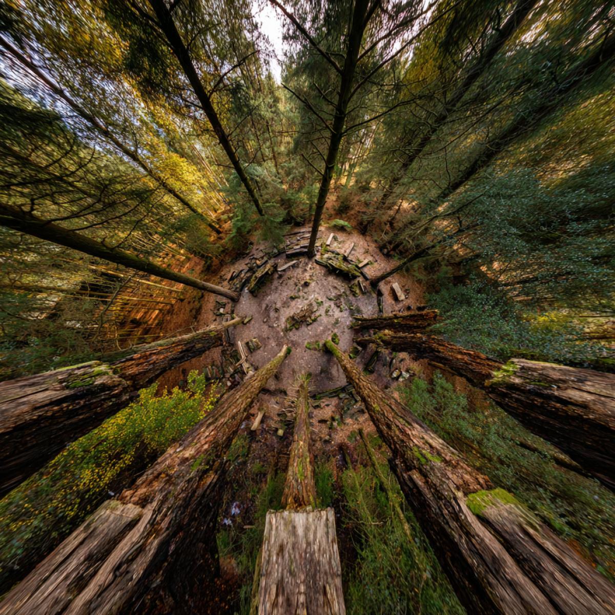 View of the crown of wood from above.  Filmed with a wideangle lens of 8mm