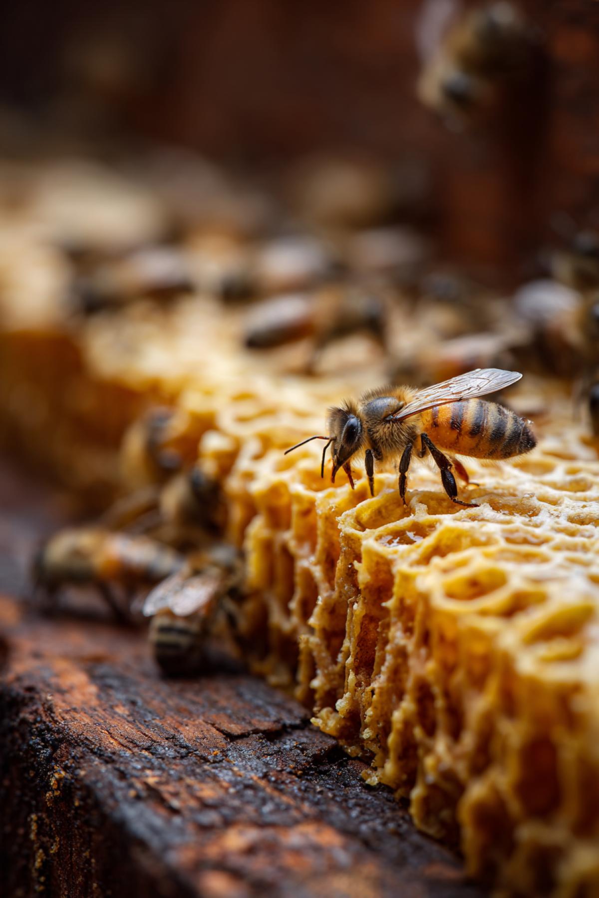 Bee getting into hive interior of hive with plenty of cellars filled with honey other bees around detailed photo
