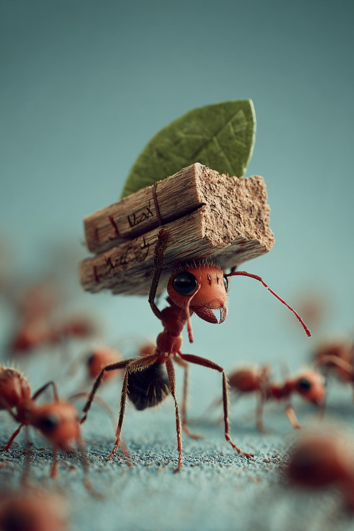 Ant entering into antpile carrying piece of wood and a leaf other ants around 3d Pixar ironic illustration