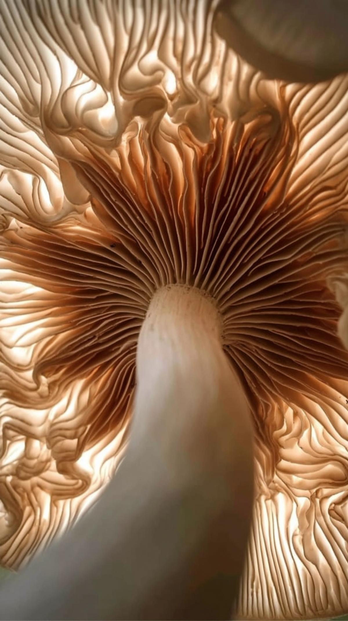 The best photograph in the world, the National Geographic Prize winner, represents a beautiful mushroom, the angle from the bottom up. We see the texture more similar to gills with wavy patterns and amazing details under the mushroom hat.