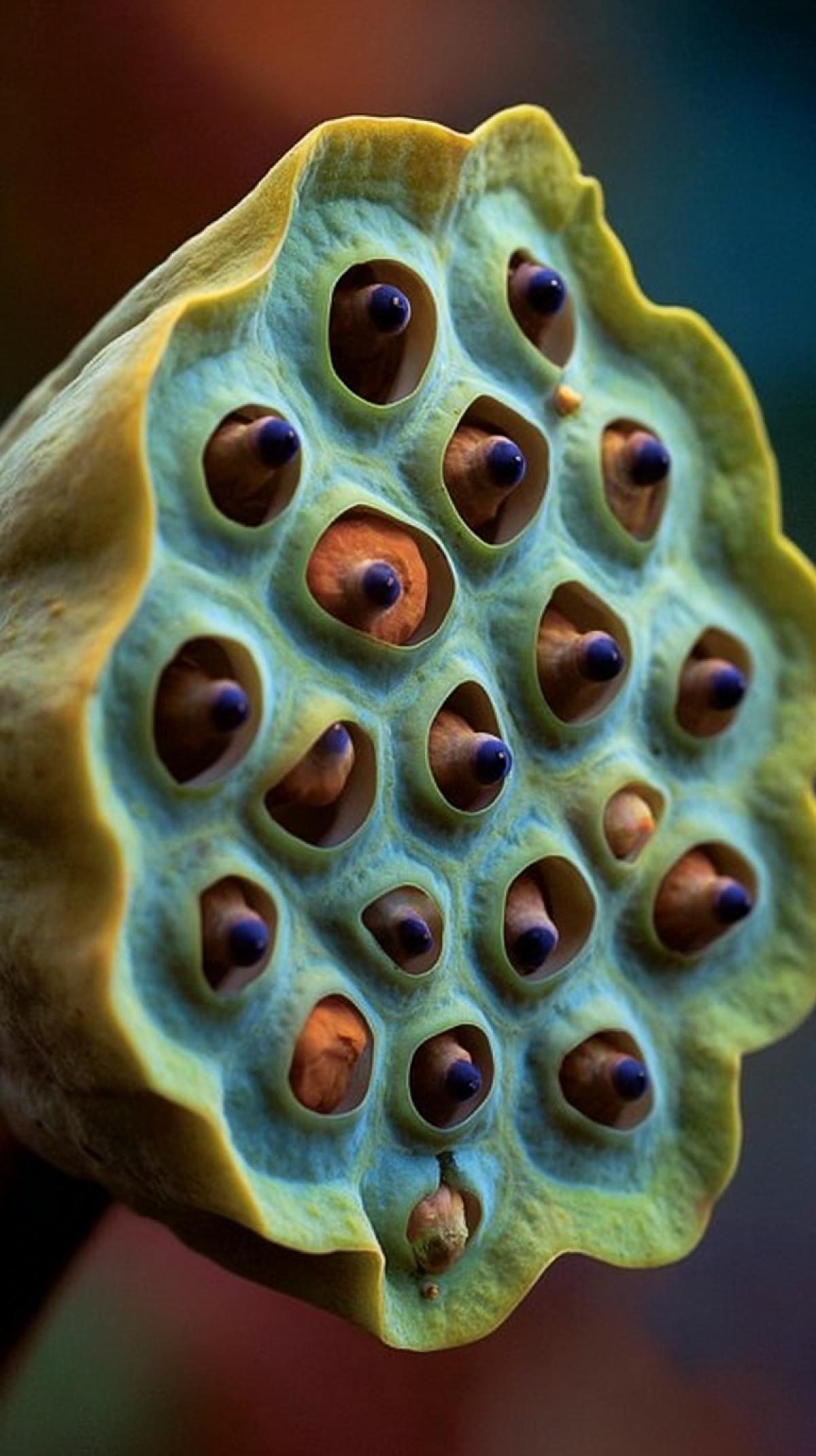 The best photo in the world, the winner of the National Geographic Prize, represents the seed box and the fruits of the lotus. Macro