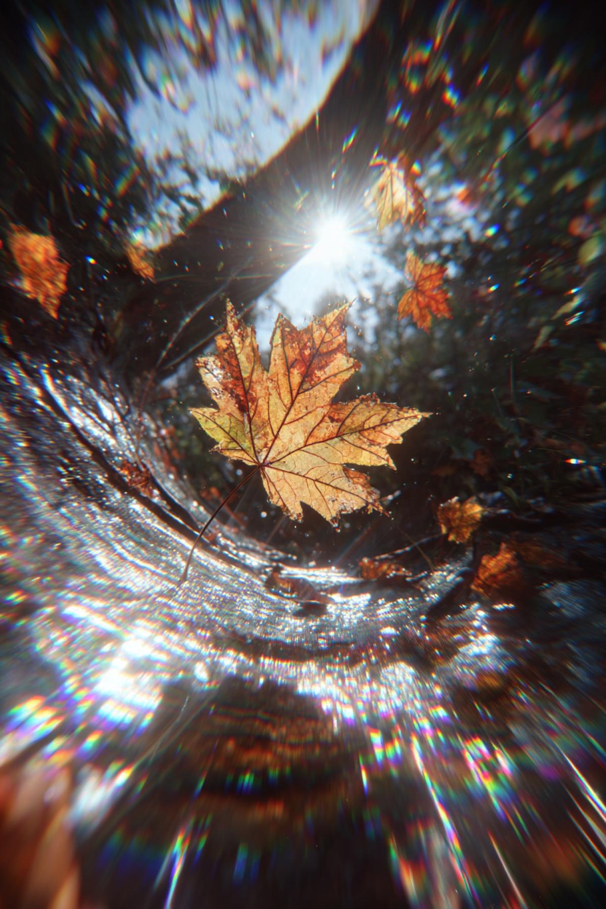 First-person view of a maple leaf detaching from a branch in slow motion. The ground spirals hypnotically below, while other leaves float like balloons in the air. The sunlight fractures into prismatic rays through the leafs veins. 12K cinematic, bullet time effect, autumn color palette pushed to surreal vibrancy