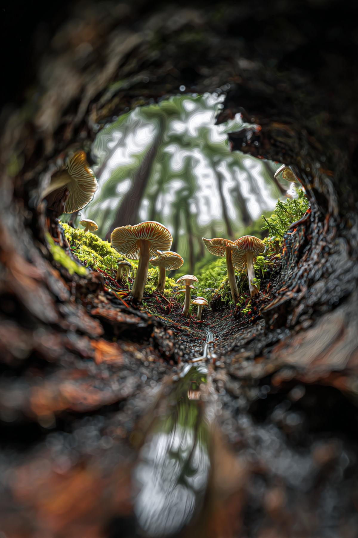 A surreal perspective looking outward from inside a hollow ancient tree. The forest is visible through jagged cracks in the bark, with distorted fisheye proportions mushrooms appear big , distant trees curve unnaturally. A single drop of water hangs mid-fall in the foreground, reflecting the upside-down landscape. 16K magical realism, style of tilt-shift macro photography combined with Van Goghs brushstrokes