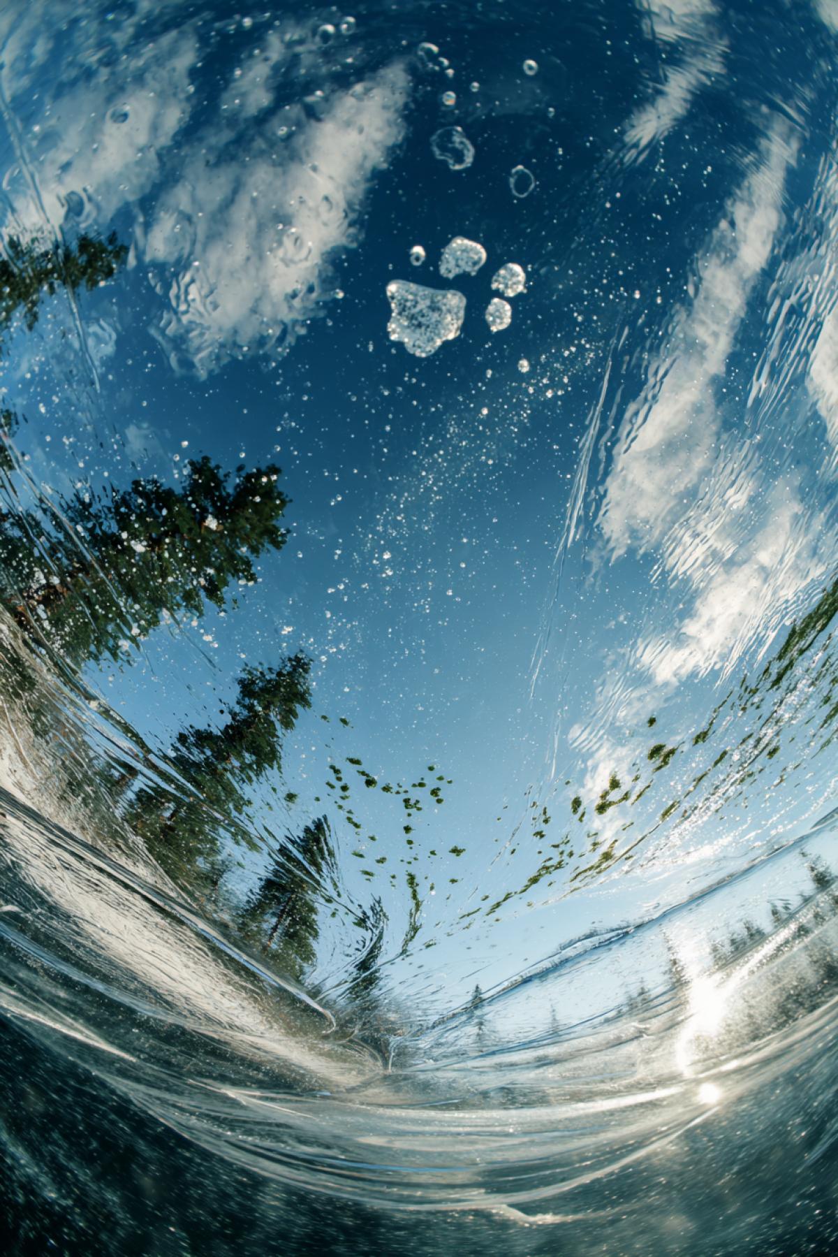 An Arctic lake surface frozen mid-wave, shot from below. The distorted ice magnifies pine trees on shore into abstract green streaks, while a wolfs paw print on the underside appears celestial. Bubbles trapped in ice form constellations. 8K ultra-wide angle, style of scientific macro photography merged with impressionist painting