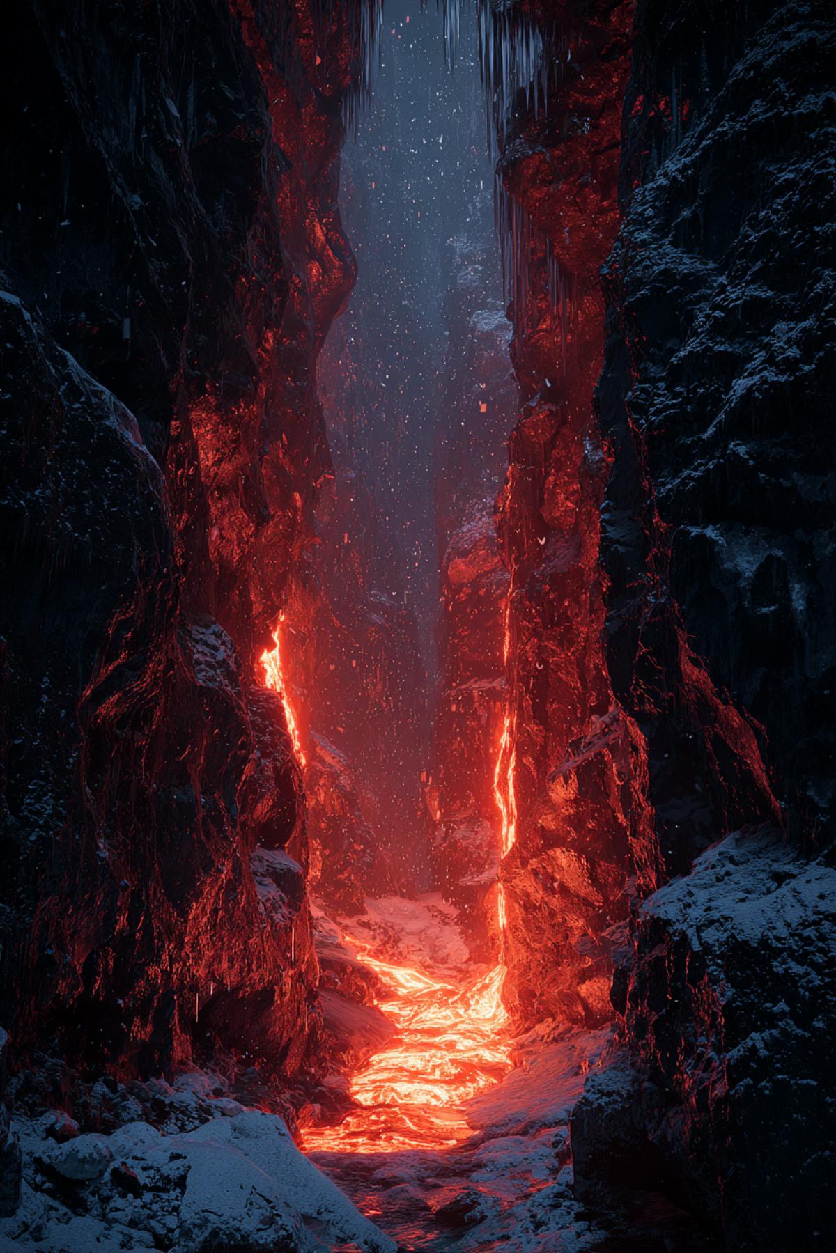Shot from inside a narrow geothermal fissure: glowing magma rivers pulse below like neon veins, while icy stalactites drip from above. The slit of sky at the top shows a blizzard raging, snowflakes vaporizing before reaching the depths. 8K thermal camera palette, style of documentary fantasy, ultra-contrast between fire and ice