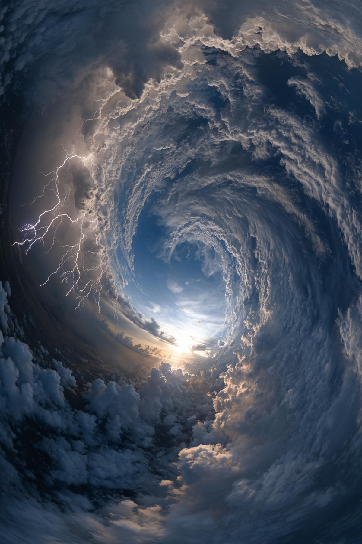 A dynamic 360° panorama inside a hurricanes eye: the camera floats at 5000m altitude as a lone albatross glides effortlessly. Below spiral arms of storm clouds, above crystal-clear blue void. Lightning forks in slow motion, illuminating rain shafts like celestial columns. 12K drone view, fisheye distortion, Planet Earth meets surreal sci-fi lighting