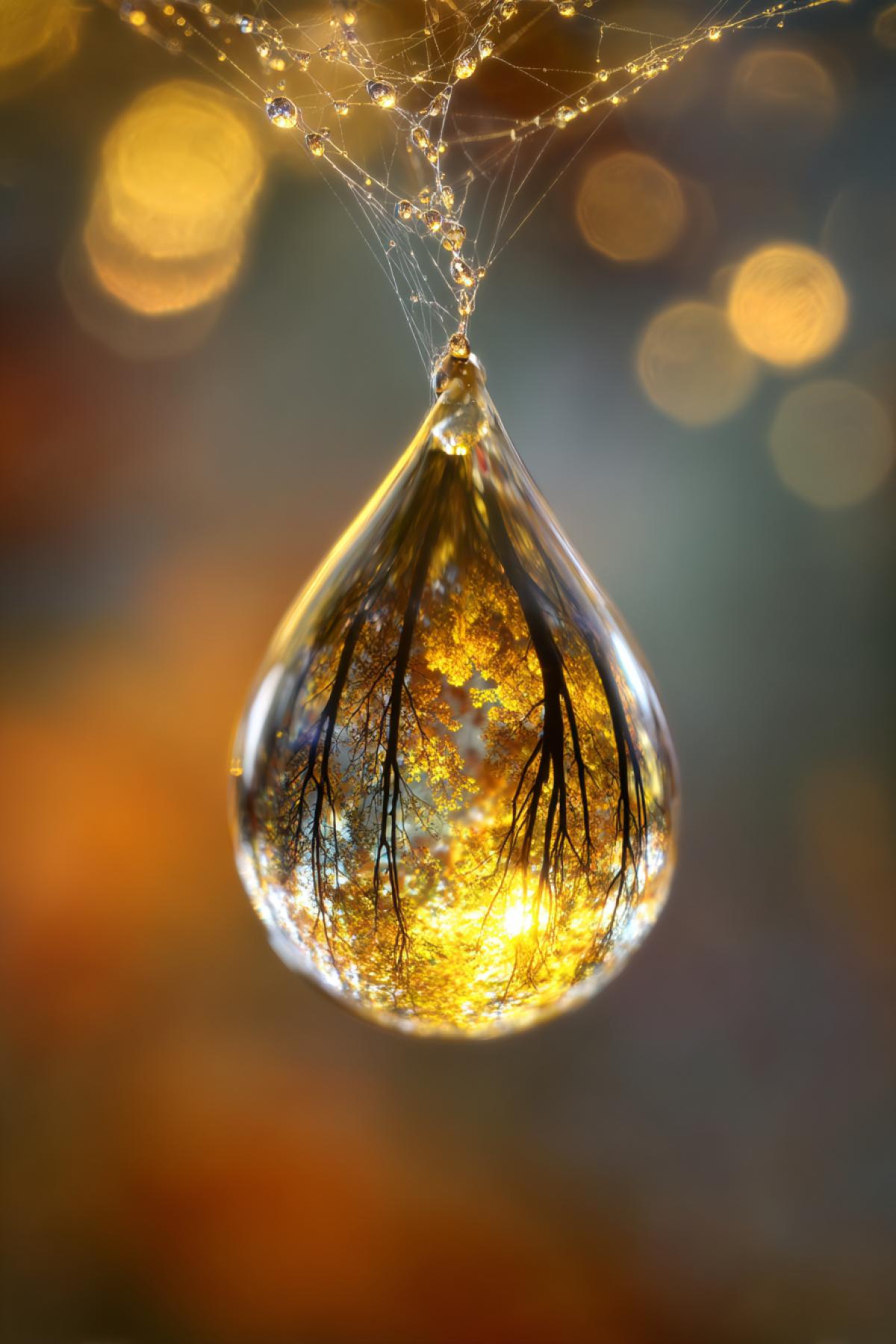 Ultra-macro shot of a single dew drop hanging on a spiderweb at sunrise. Inside the droplet a perfectly mirrored upside-down forest, with towering pines and golden light compressed into a tiny sphere. The background is a creamy bokeh of autumn colors, while the webs silk threads glow like liquid gold. 16K hyper-realism, focus stacking technique, style of National Geographic meets fantasy cinematography