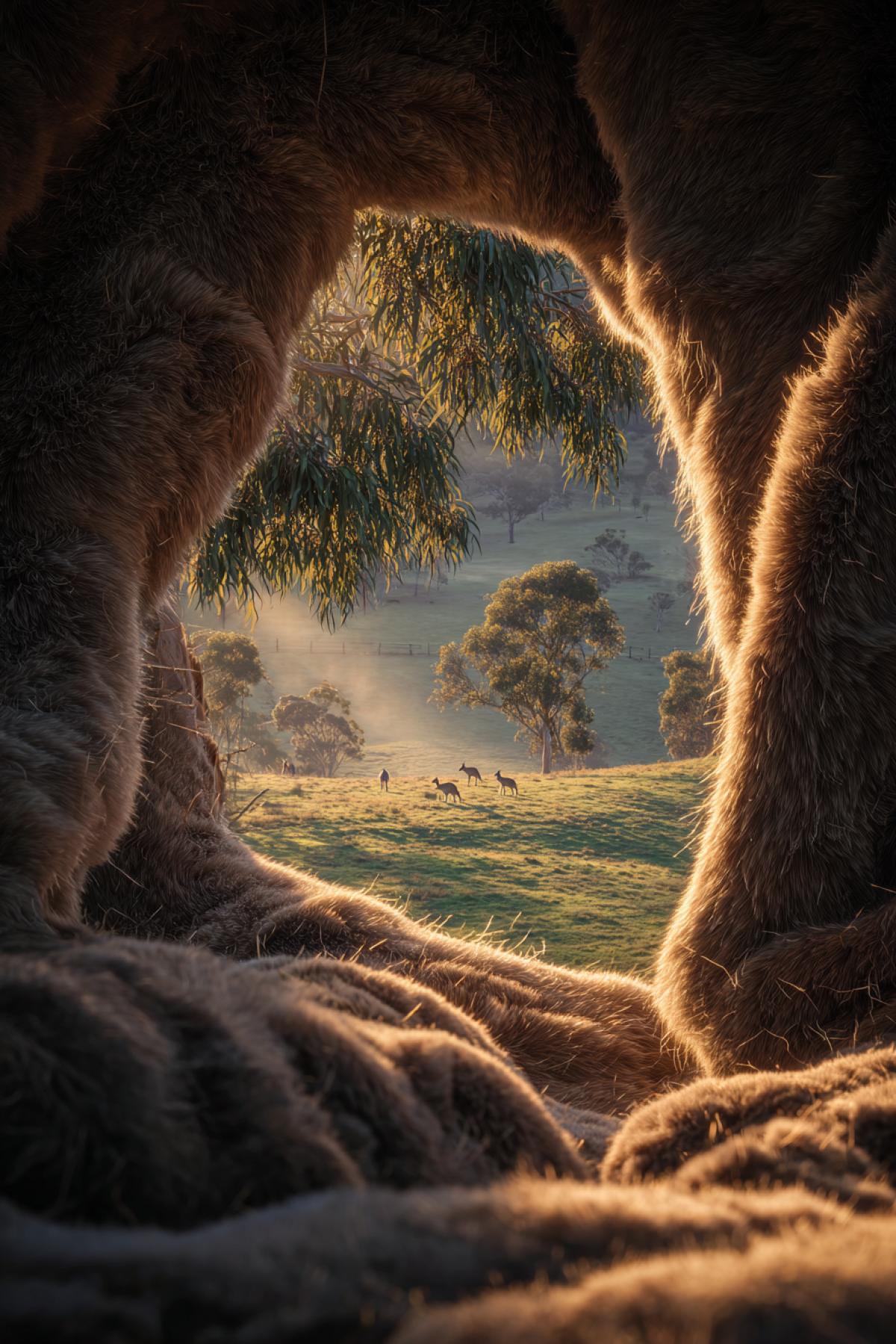 A first-person view from inside a kangaroo’s pouch, as if the viewer is nestled within the warm, cozy space. Soft folds of fur envelop the frame, creating a sense of safety and comfort. Through a partially open pouch entrance, a sunlit landscape is visible in soft focuslush green fields, eucalyptus trees, and distant silhouettes of other kangaroos. Emphasis on textures: the plush fur, wrinkled skin, and perhaps a few stray blades of grass clinging to the edge. Golden sunlight streams in, casting a warm glow on the pouch’s interior. Hyperrealistic style with cinematic lighting, shallow depth of field contrasting the dark, 4k ‘interior’ with the bright, blurred outside world.