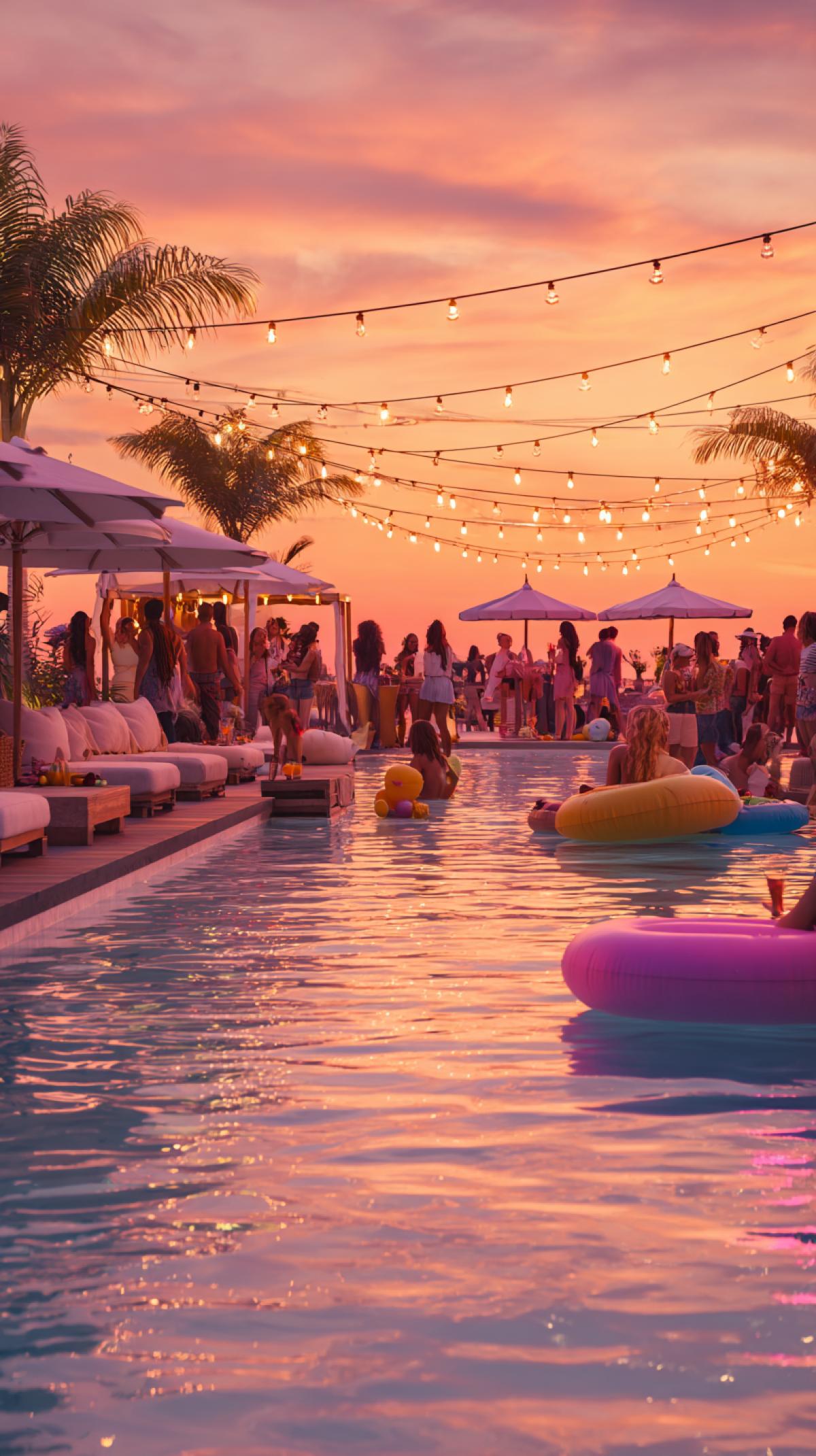 A dynamic and joyful pool party during a breathtaking sunset. The sky transitions from fiery orange to soft lavender. The scene is full of life: several groups of young, diverse 35 years olds in fashionable summer attire are interacting – some gracefully dancing near the pool edge, others gathered in animated conversation on plush outdoor sofas, and a few are playfully splashing on oversized, colorful inflatable floats in the glowing water. Overhead, intricate patterns of string lights and vibrant LED lamps cast a festive ambiance. Close-up details of refreshingly colorful cocktails with fruit garnishes and tiny umbrellas are visible on sleek tables. Reflections of the lights and sky shimmer on the water surface. Candid photography style, warm color grading, cinematic com4k, award-winning photo. style raw s 200 q 2