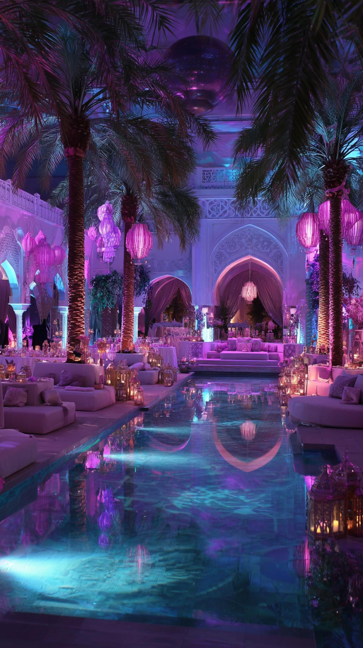 themed party by the pool in an Arab palace. the aesthetics of an oriental fairy tale: palm trees, Aladdins lamp, dancing girls in Arab attire, purple, blue and pink palette. night lighting, lanterns. . Use decorations in the Arab style
