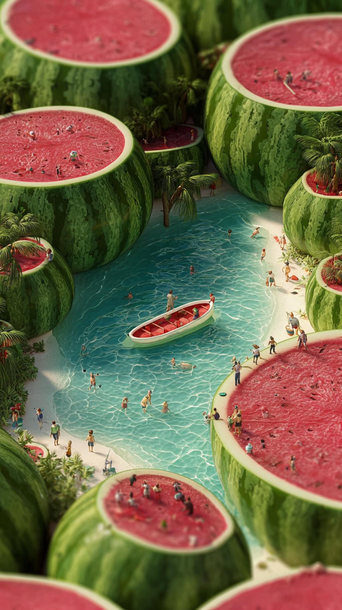 Watermelon pool with people floating in it surrounded by more big watermelons, creating a surreal scene. Miniature figures of children play on the shore or inside the inside of the watermelon. This is a very detailed digital illustration in the style of work with high resolution. Digital art with high resolution and high detail