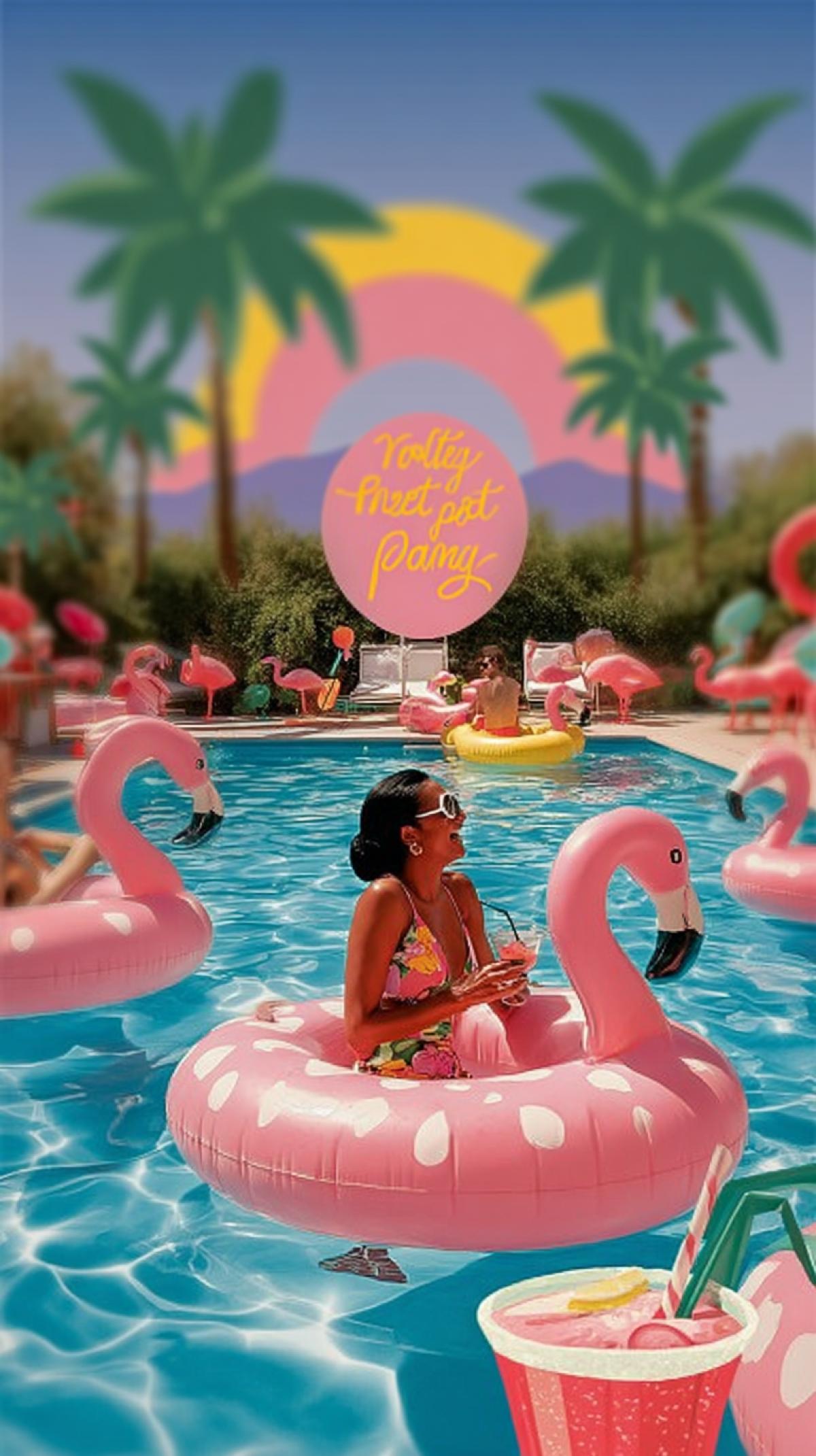 Retro themed pool party in Palm Springs. Turn your backyard into a vibrant, retro-chic. poolside destination! This summer, its all about the Palm. Royal aesthetic: think palm trees, iconic. flamingo floats, and a bold pink and green color palette.. Use tropical-inspired decorations, refreshing pink. drinks, a retro-inspired summer playlist, and create a unique poolside party, pin and up poster