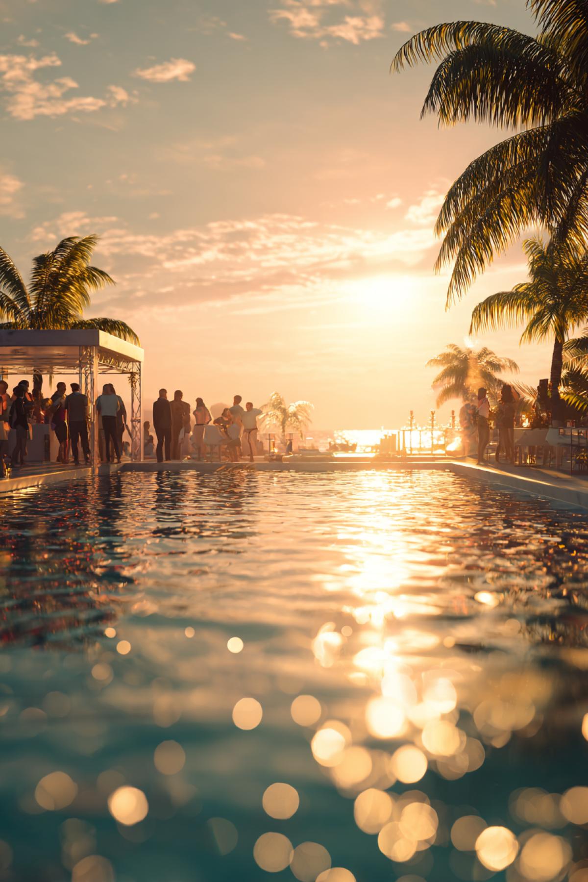 A sunset pool party with golden hour lighting, creating warm reflections on the water. Guests laugh and chat, some sipping cocktails, others diving into the pool. The scene is framed by a sleek infinity pool merging with the ocean horizon. 12K realism, style of tropical luxury, soft bokeh highlights, Instagram-worthy com4k