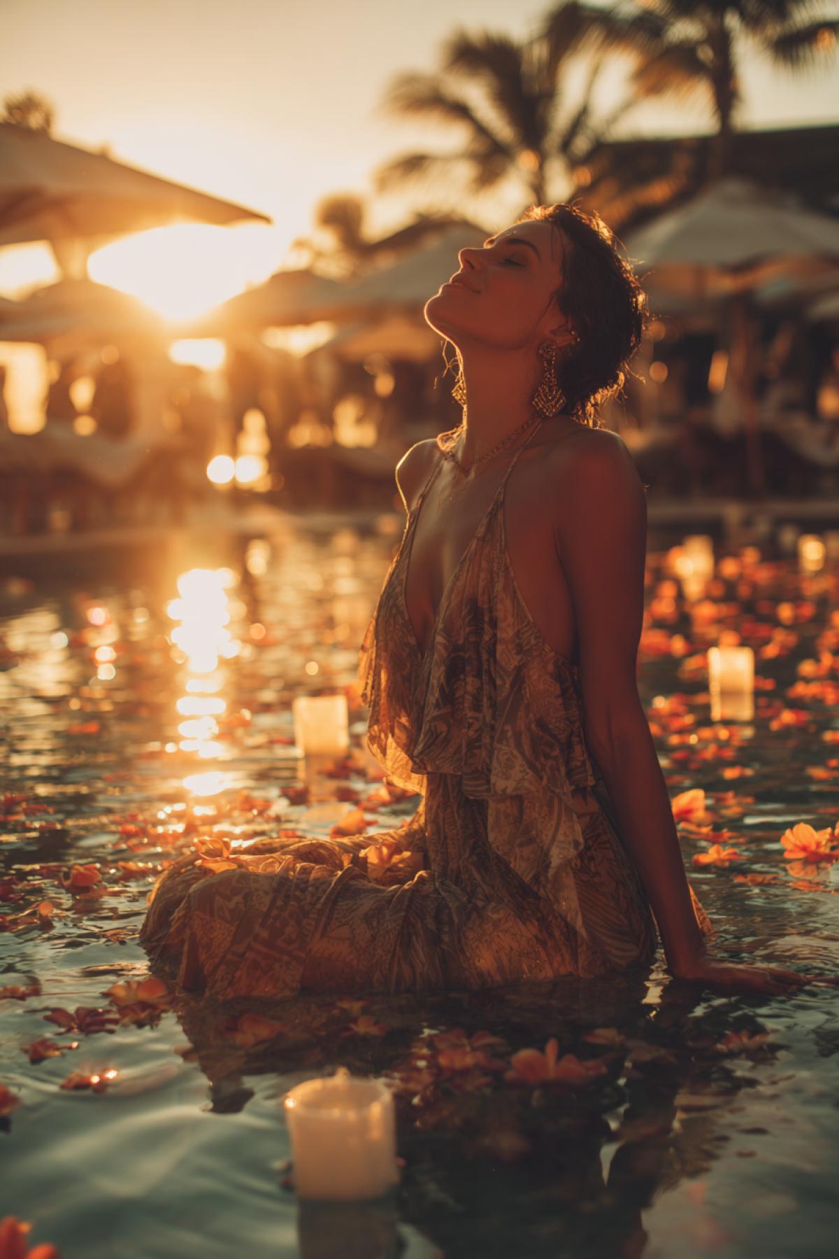 Golden sunset melts into indigo night as a bohemian pool party reaches its peak. A woman in a flowing chiffon dress throws her head back laughing, champagne bubbles catching the last sunlight. Behind her, couples dance luxuryfoot in the shallow end, their silhouettes reflected in the water like liquid mercury. Floating candles drift between orchid petals, painting the pool with flickering constellations. 16K cinematic, style of Call Me By Your Name meets luxury resort advert, warm grain effect for nostalgic glow