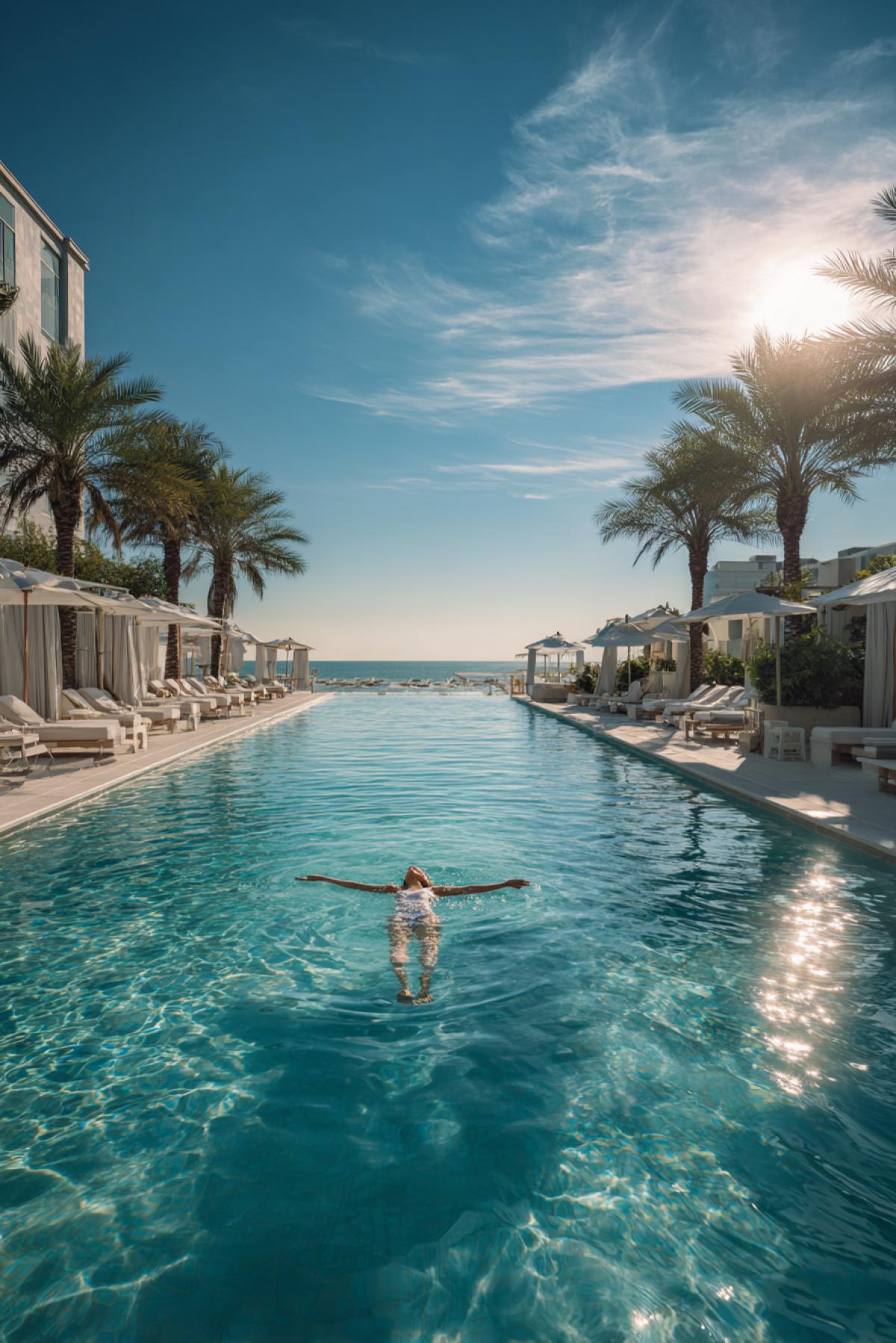 Infinity pool at dawn, its turquoise water merging with the cloudless sky. A lone swimmer floats on her back, arms outstretched as if trying to embrace the horizon. Sunbeams pierce the surface, illuminating her like a marble statue. Around the edges crumpled linen shirts, half-finished novels in poolside loungers, iced coffee sweating in the morning heat. 12K ethereal realism, style of high-fashion aquatic photography with a Wes Anderson color palette
