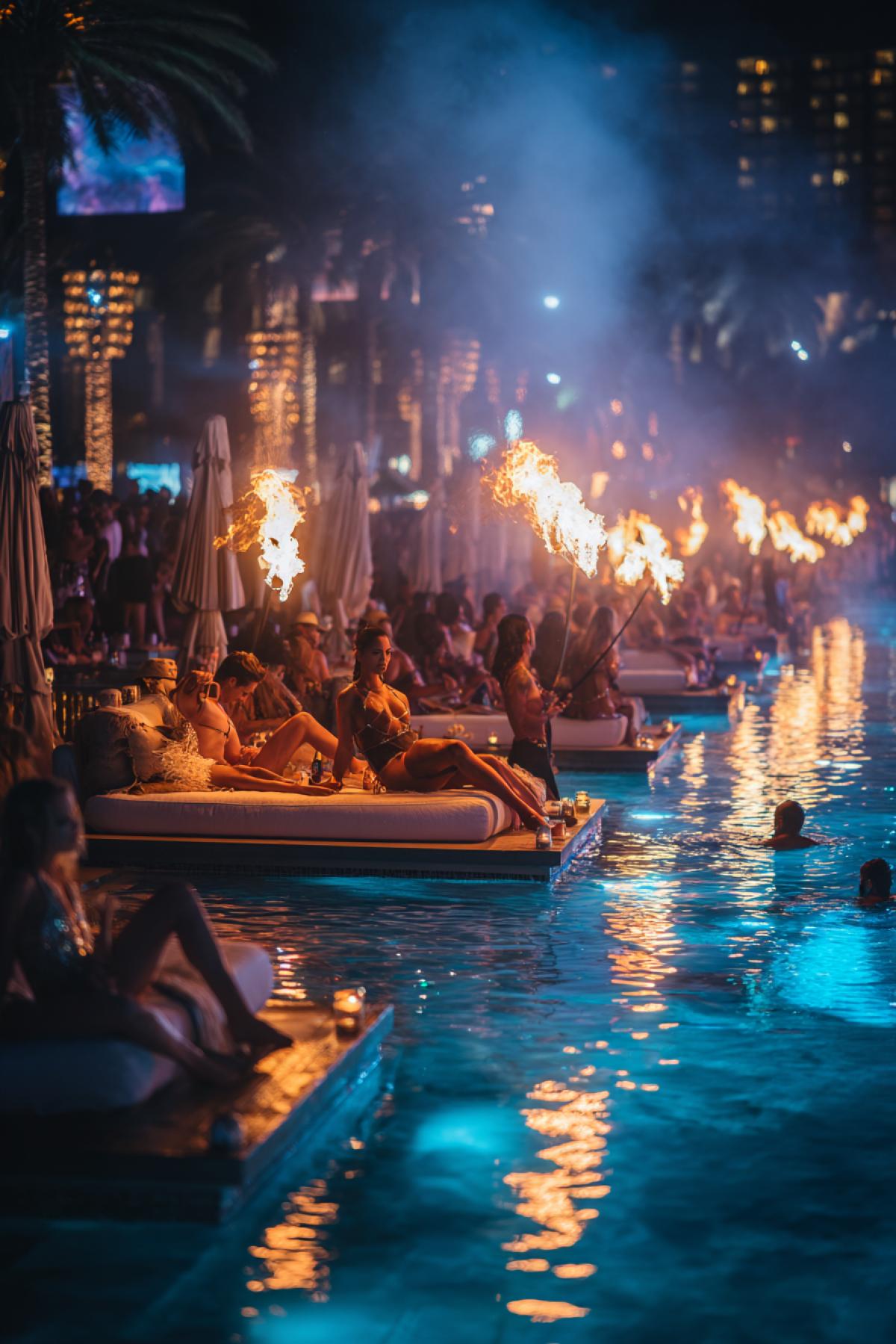 An exotic night pool party under a starry sky, where fire performers twist flaming staffs over the water, their reflections doubling the spectacle. Guests lounge on floating daybeds with cocktails in hand, their faces glowing from the firelight. The pool’s surface shimmers with submerged LED lights, creating a galaxy effect. 12K ultra-realistic, style of a high-end travel magazine, with dramatic contrasts between warm fire and cool blue water