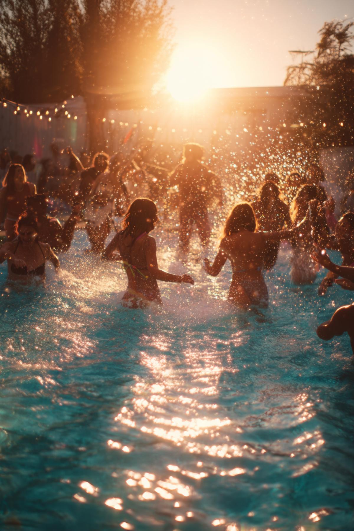 A vibrant pool party at golden hour, where laughter echoes and champagne sprays in slow motion. A group of friends dances in the shallow end, their joyful silhouettes reflected in the glittering water. Floating neon lights and flower petals drift around them, while a guitarist plays on the edge of the pool, his music almost visible in the air. 16K cinematic, style of a luxury music video, with warm tones and dynamic splashes capturing the energy of summer