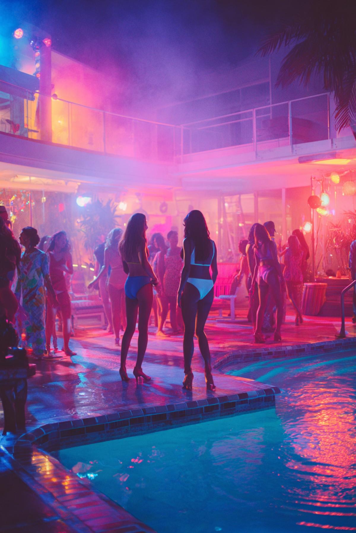 A disco by the pool, dancing women, color music, bright lights, evening
