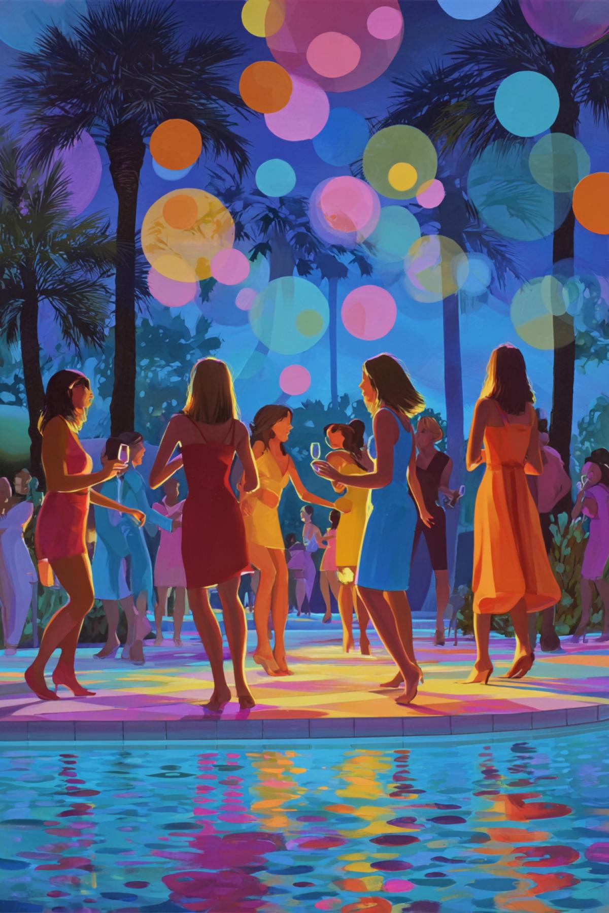 A disco by the pool, dancing women, color music, bright lights, evening
