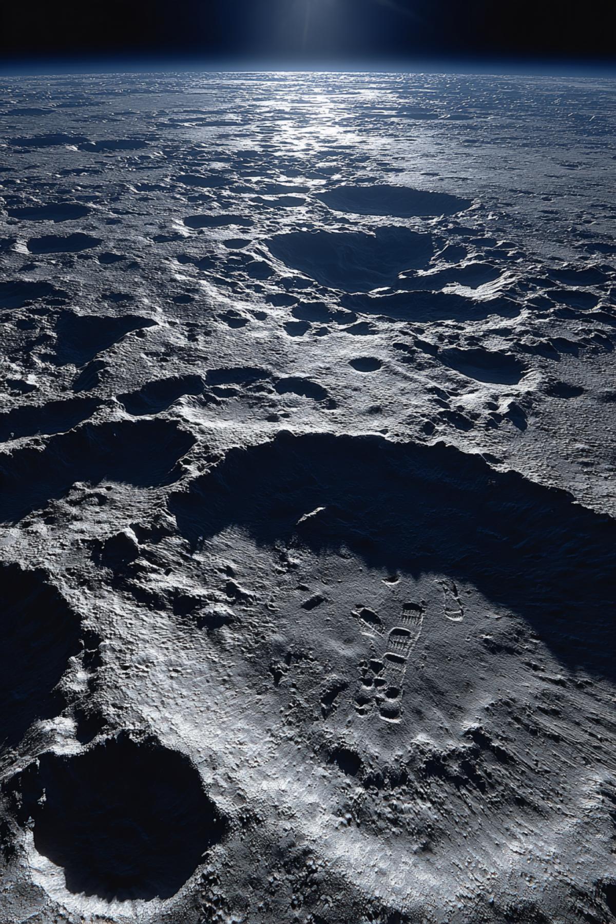 A vast lunar crater under the glow of Earthshine, its terraced walls casting razor-sharp shadows. The crater floor glows faintly blue from reflected Earthlight, while micrometeorite scars texture the surface like antique silver. In the distance, an astronauts footprint glistens with frozen regolith. 16K NASA style realism, Hasselblad camera grain, cinematic anamorphic flare from the Earths halo