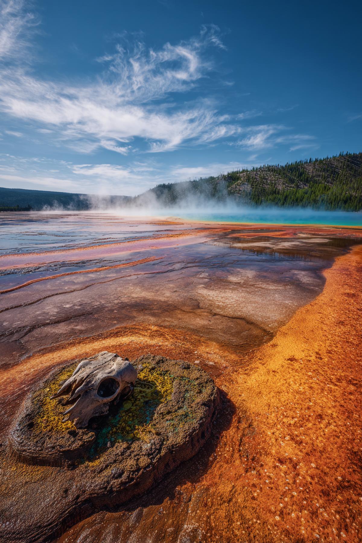 Grand Prismatic Springs acidic crater from ground level: neon microbial mats pulse beneath steam veils, their electric oranges and greens contrasting against the inky blue center. A bison skull half-submerged in silica deposits adds scale. 12K surreal geothermal close-up, tilt-shift effect making the mineral terraces resemble alien architecture