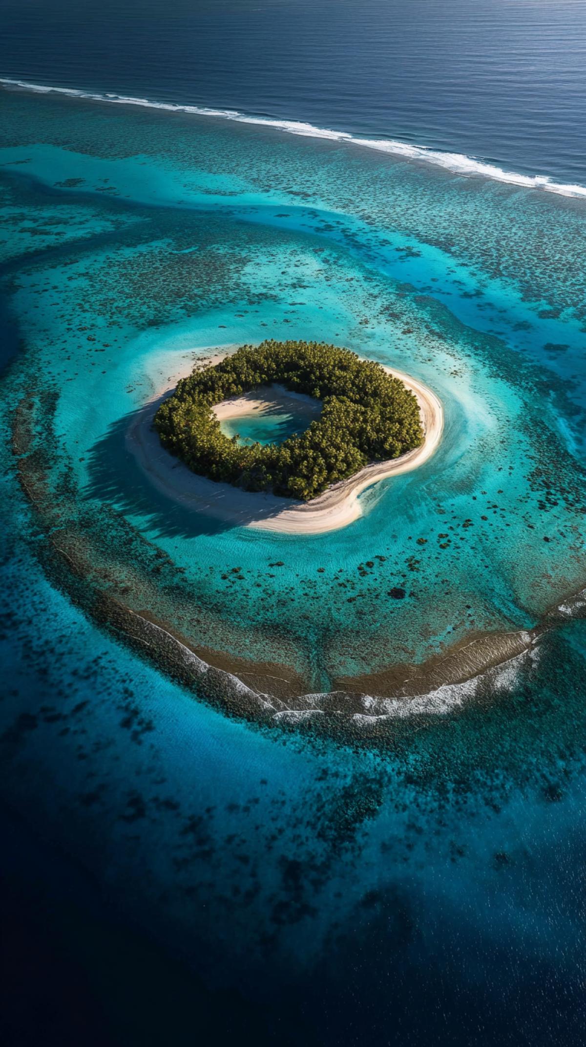 The ideal round Cook Islands from a birds-eye view. The image captures a perfect. round island created from a crater, surrounded by turquoise waters, with white. sand beaches serving as natural boundaries. The bright. light penetrates the ocean surface, luxury vibrant. coral gardens. The matte rocks and. incredible detail of the island formations make this. spectacle truly breathtaking. The crystal-clear waters. and sunny skies of this tropical paradise. This. ultra HD photo showcases the beauty of the Cook Islands. The com4k is centered, emphasizing. the natural beauty and harmony of the landscape, taken from an airplane.