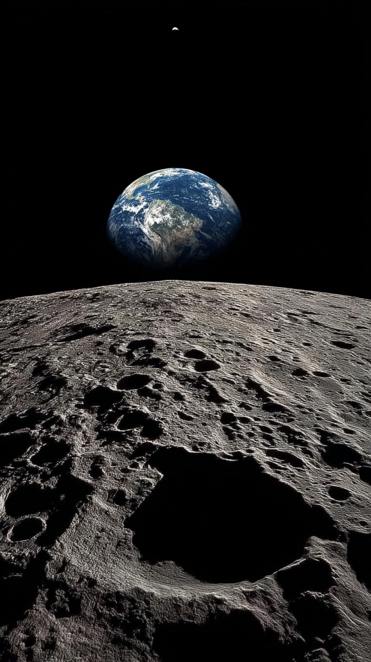 Realistic image of the earth, view from the surface of the moon, with craters