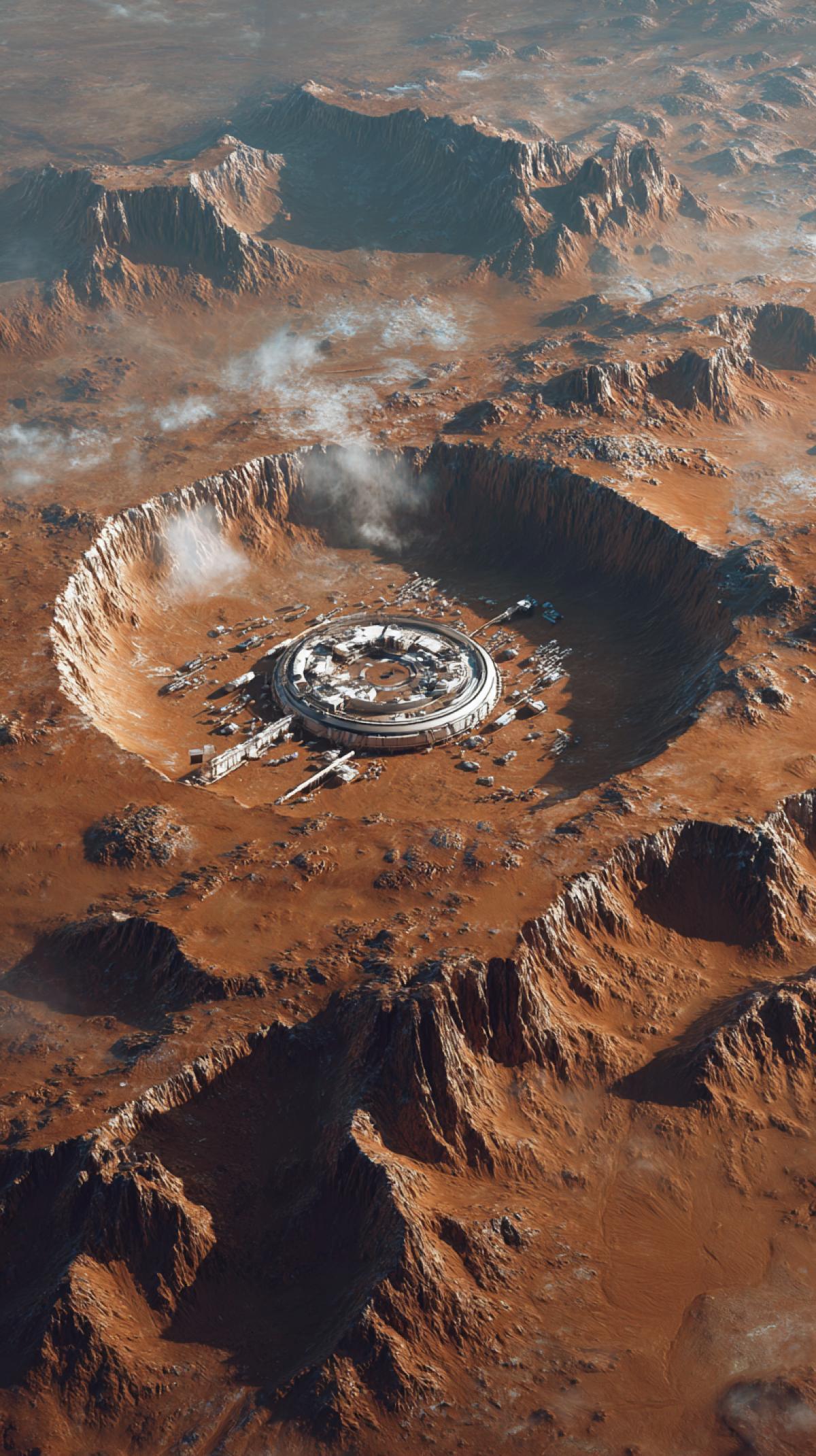 The Martian colony base is located in the crater of Mars, photo