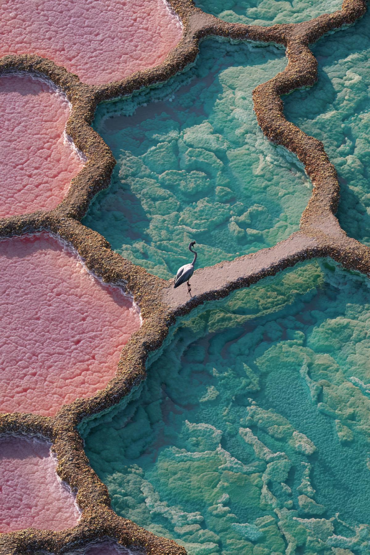 Drone view of Danakil Depressions crater lake: hexagonal salt plates form a cracked mosaic, their pastel pinks red liquid into turquoise brine channels. A lone flamingos reflection stretches across the mirror-like surface, doubling the surrealism. 8K abstract aerial, style of Gerhard Richters color studies with geological precision
