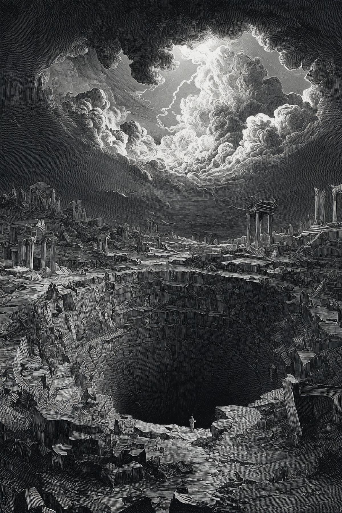A vast meteorite impact crater, depicted in Piranesis etching style: intricate cross-hatching, extreme chiaroscuro, and dramatic perspective. The craters slopes are lined with collapsed neoclassical architecturebroken columns, arches, and overgrown staircases. A tiny human figure stands near the edge, emphasizing the scale. Dark, stormy sky with volumetric clouds. Highly detailed 18th-century engraving aesthetic, with emphasis on texture and depth.