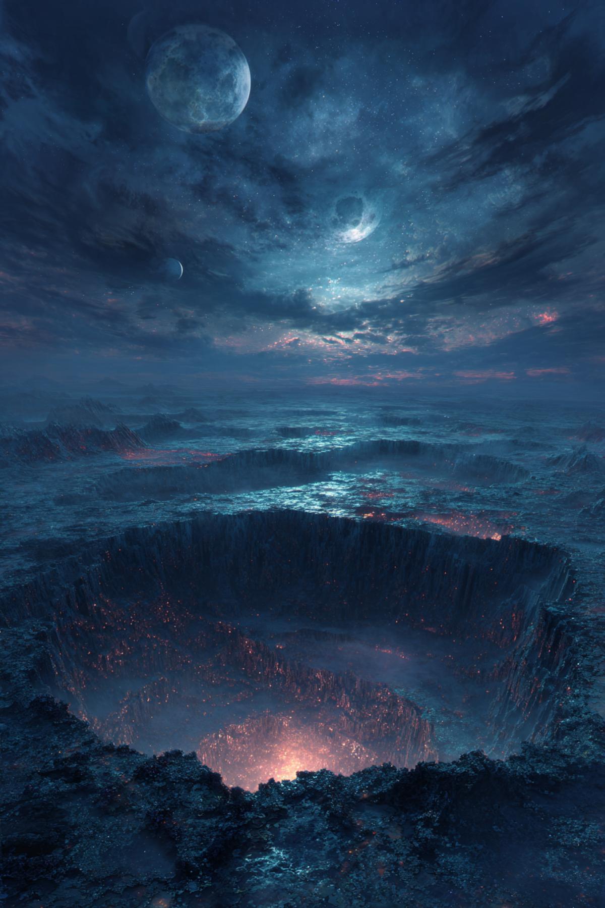 a colossal glowing crater on the surface of an alien planet, jagged edges, bioluminescent minerals, strange energy rising from the depths, surreal sky with multiple moons, high detail sci-fi concept