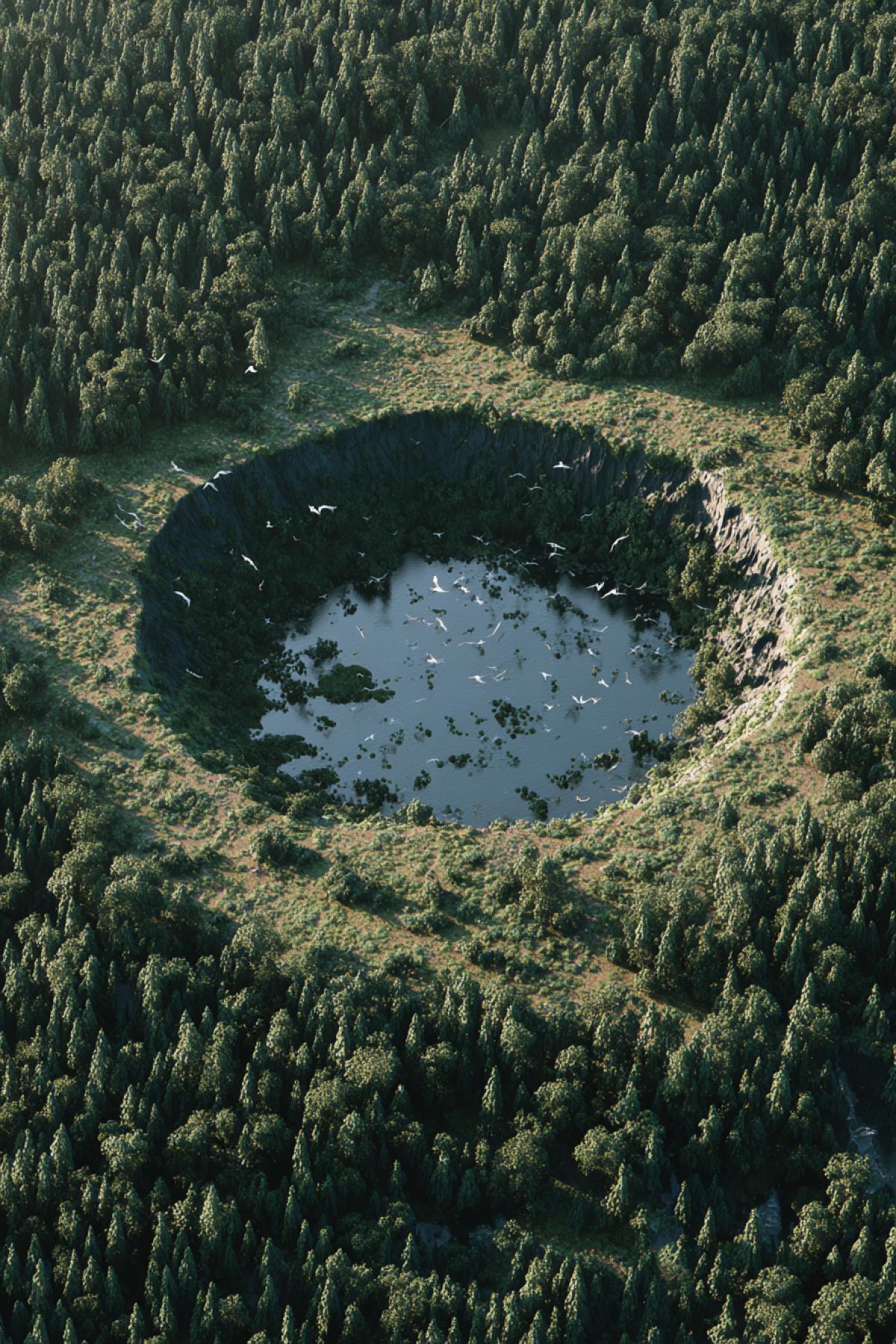 an ancient impact crater overgrown with dense forest, trees filling the depression, clearly visible circular shape from above, birds flying over the rim, nature reclaiming the land, detailed top view