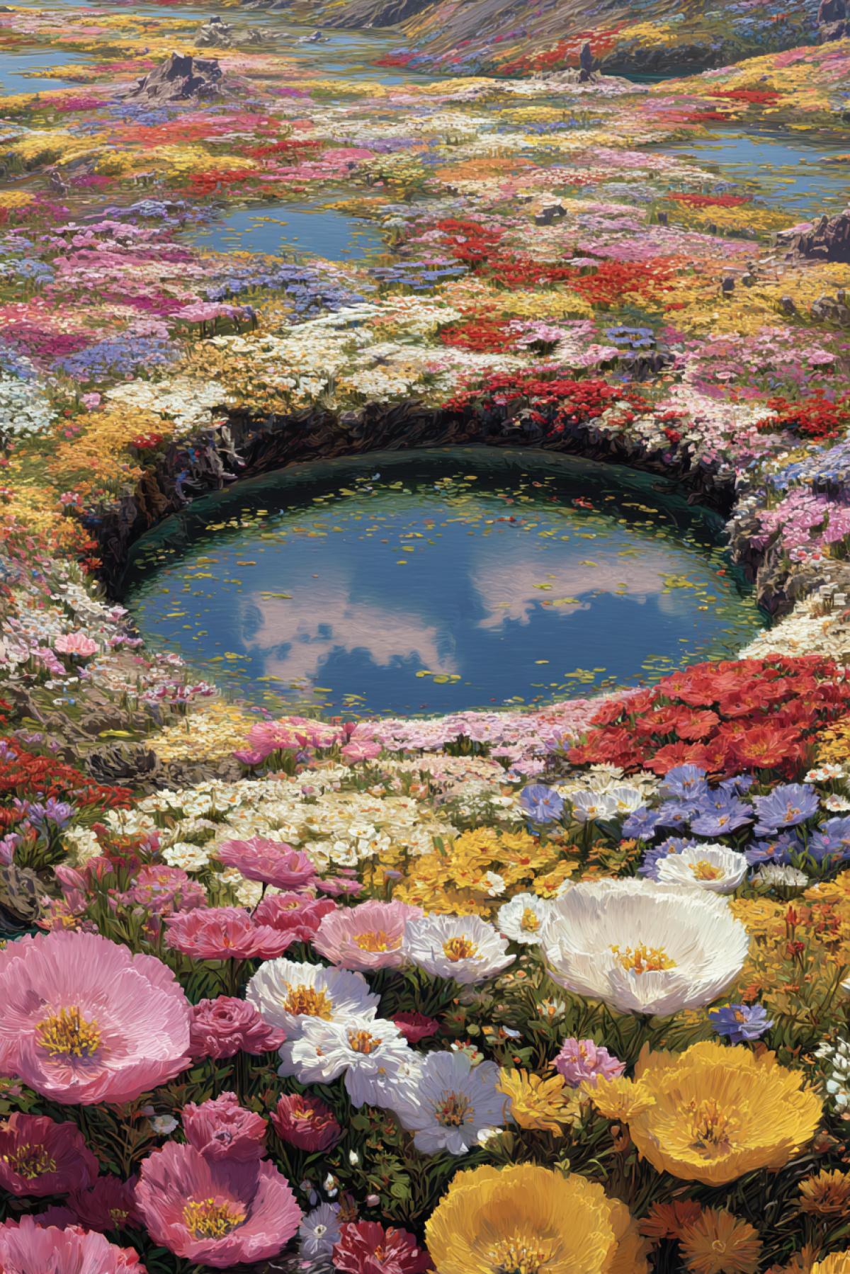 a big circular crater filled with thousands of blooming wildflowers, perfectly round rim, colorful petals overflowing the edges, harmony between destruction and life, fantasy realism style