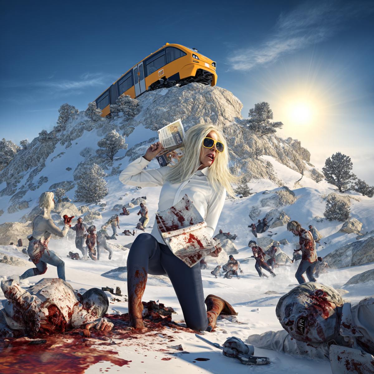 Zombies going down from the mountain. Parts of the in the dynamics of a train are scattered behind a zombie napkin. Against the background of the snowcovered mountains. Bright sunny day