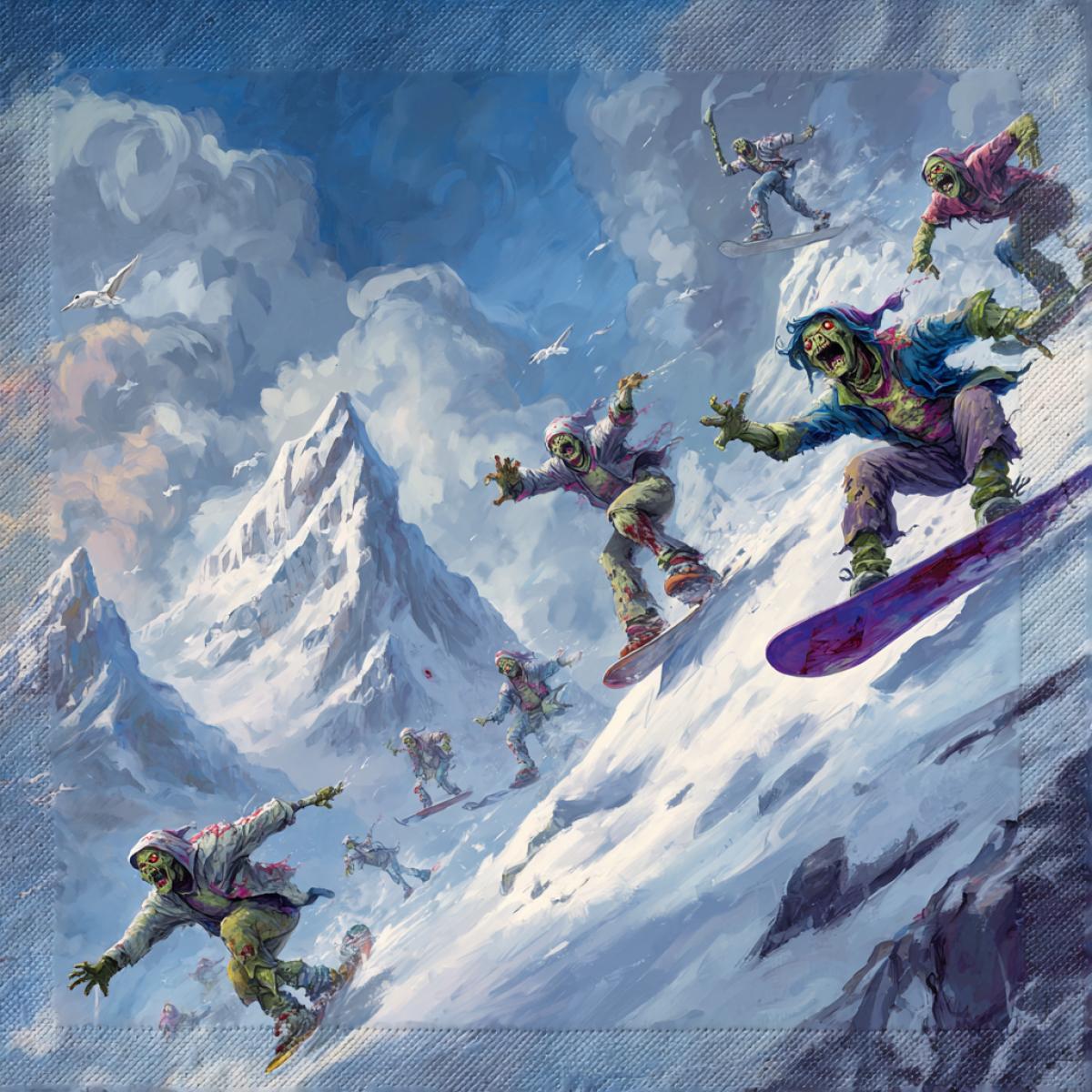 Zombies descending on snow boards from the mountain. Parts of the in the dynamics are scattered behind a zombie napkin. Wizard