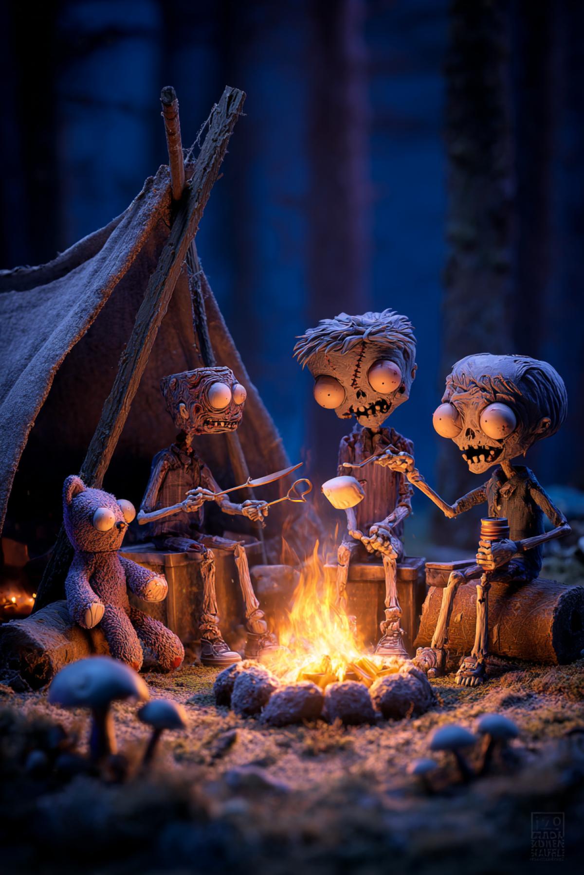 Undead family roasting marshmallows over a campfire in a dark forest, their fingers dripping melted sugar. A zombie childs teddy bear (missing an eye) sits nearby, while a half-eaten deer carcass turns on a spit. Glowing mushrooms and fireflies add eerie lighting, emphasizing their hollow eyes and stitched-up s. 12K horror-comedy style, Shaun of the Dead atmosphere with Tim Burtons aesthetic, warm firelight contrasting with cold undead skin