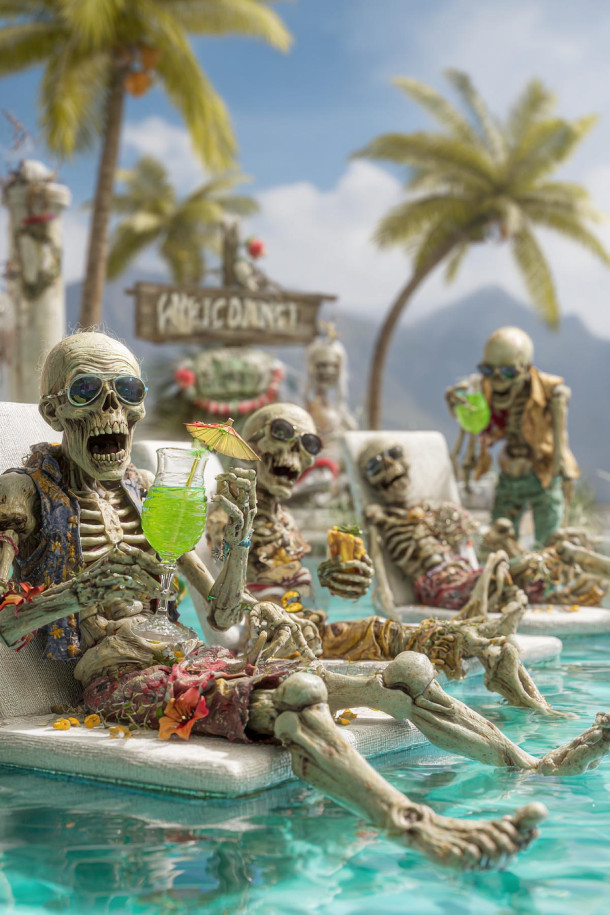 A group of decayed but cheerful zombies lounging on sunbeds by a crystal-clear infinity pool, their limbs covered in sunscreen (with visible bone showing through). One zombie sips a bright green Brain-aché cocktail through a straw, while another adjusts cracked sunglasses. Palm trees sway in the background, and a Welcome to Paradise sign hangs crookedly. 16K hyper-detailed, style of Tropic Thunder meets The Walking Dead, vibrant colors with grotesque yet humorous details
